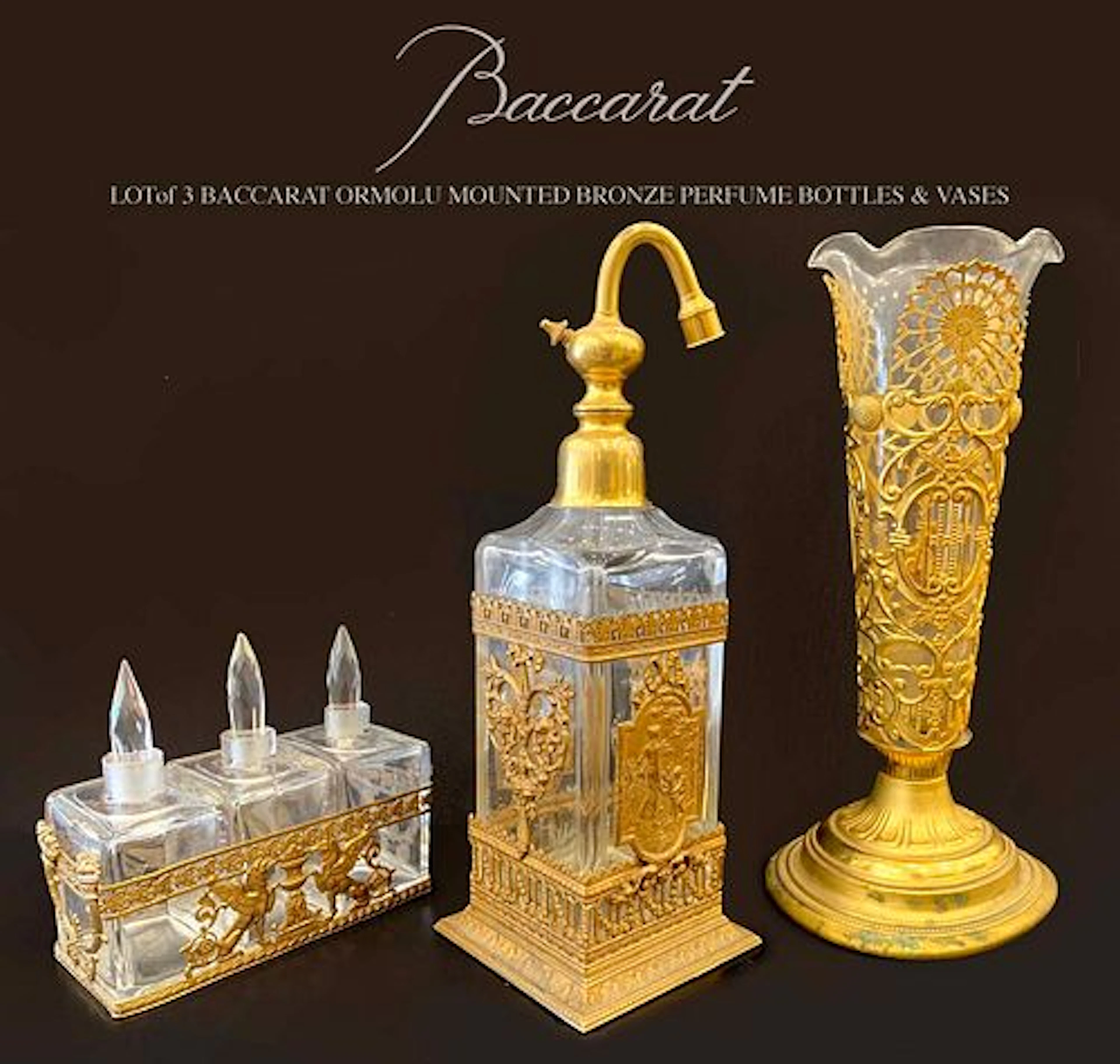 A Lot of Three 19th C. French Baccarat Crystal & Bronze Perfume Bottles & Vases