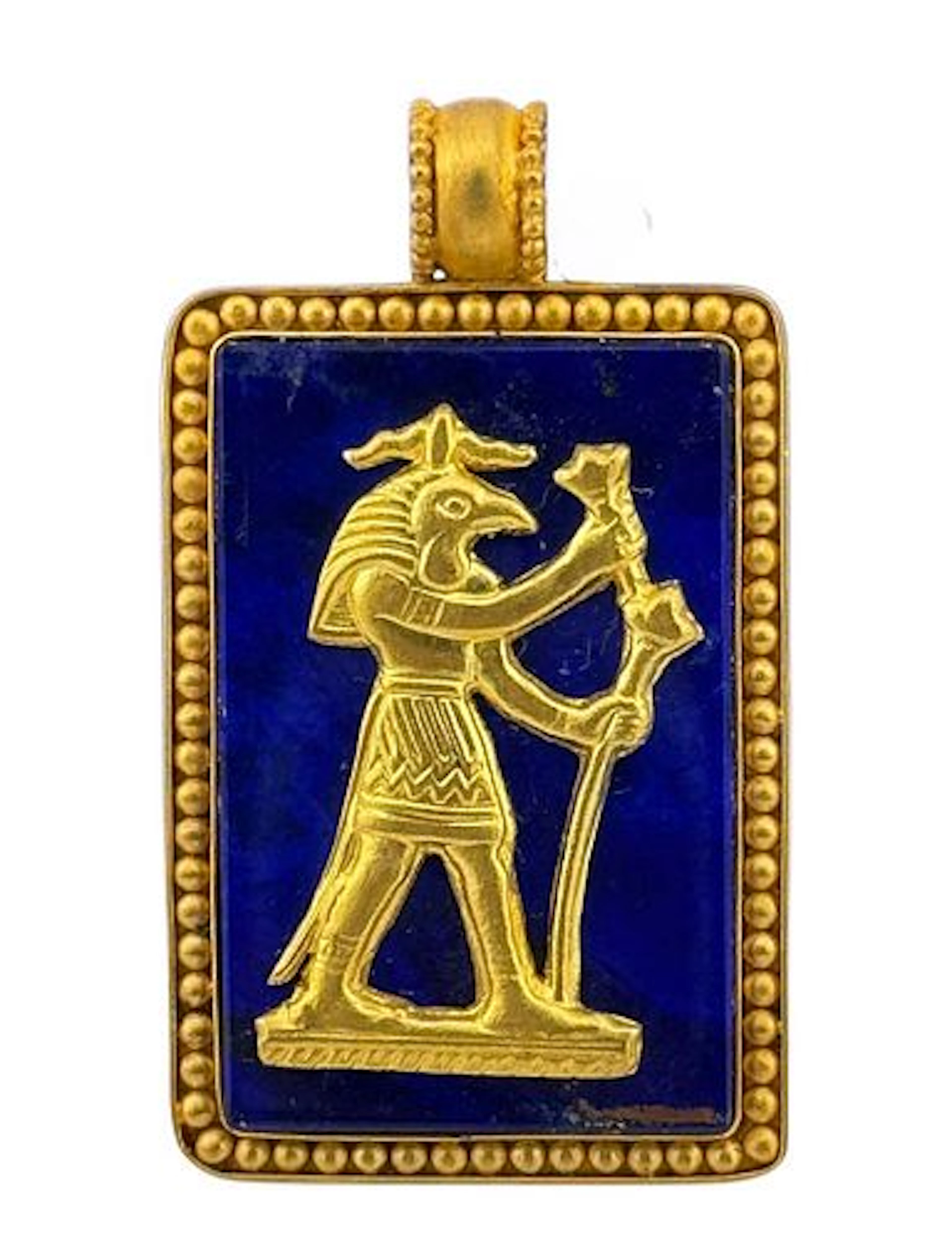 Egyptian Ibis headed Toth Figural Engraved Gold & Lapis Pendant Plaque