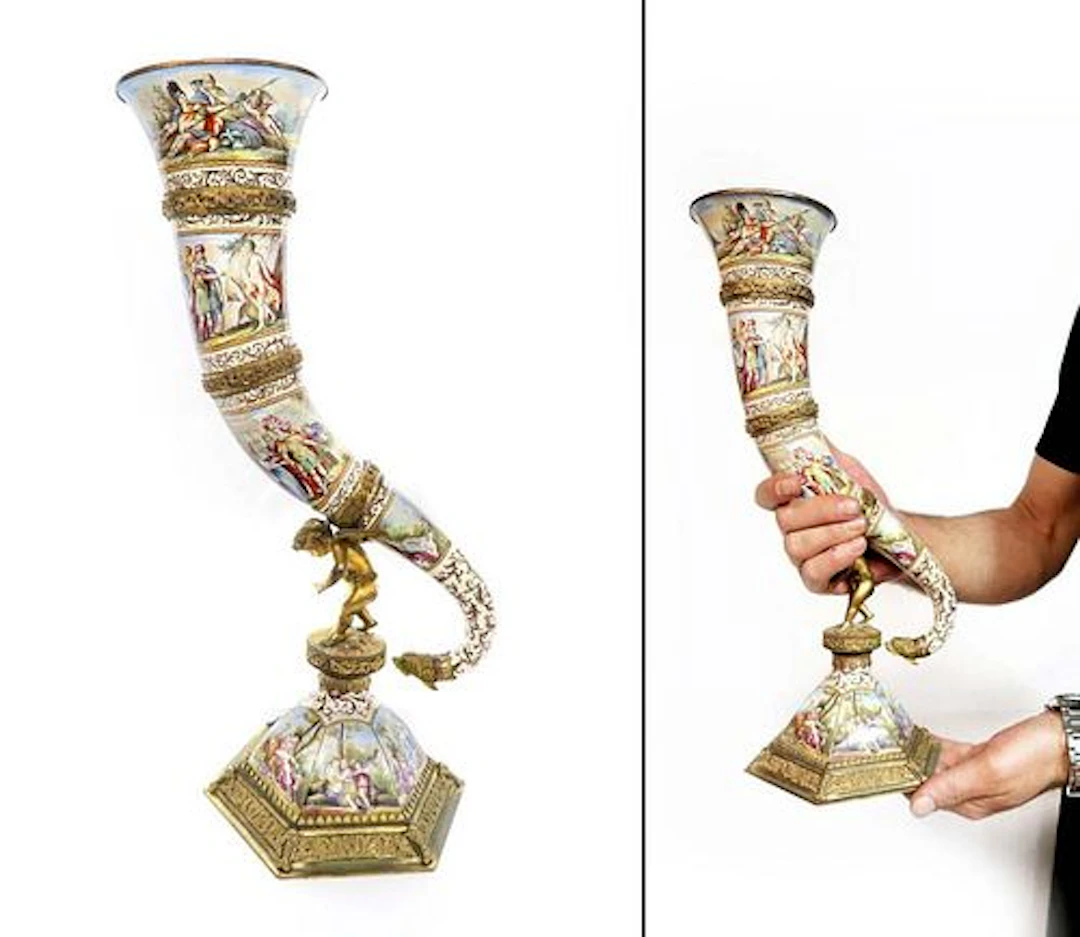 Very Large 19th C. Viennese Enameled Miniature Horn