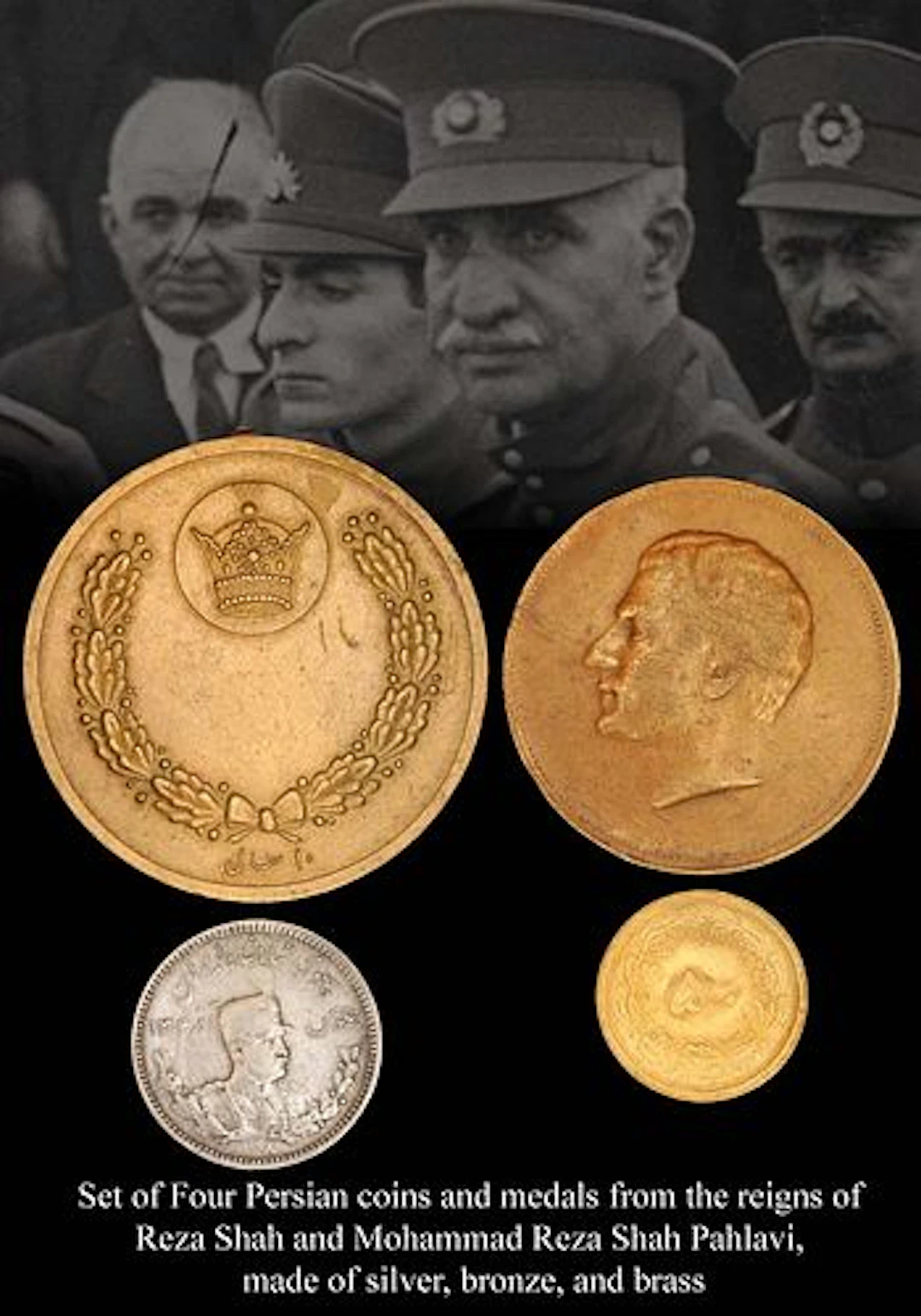 A Set of Four Persian Pahlavi Kings Era Silver, Bronze & Brass Coins & Medals
