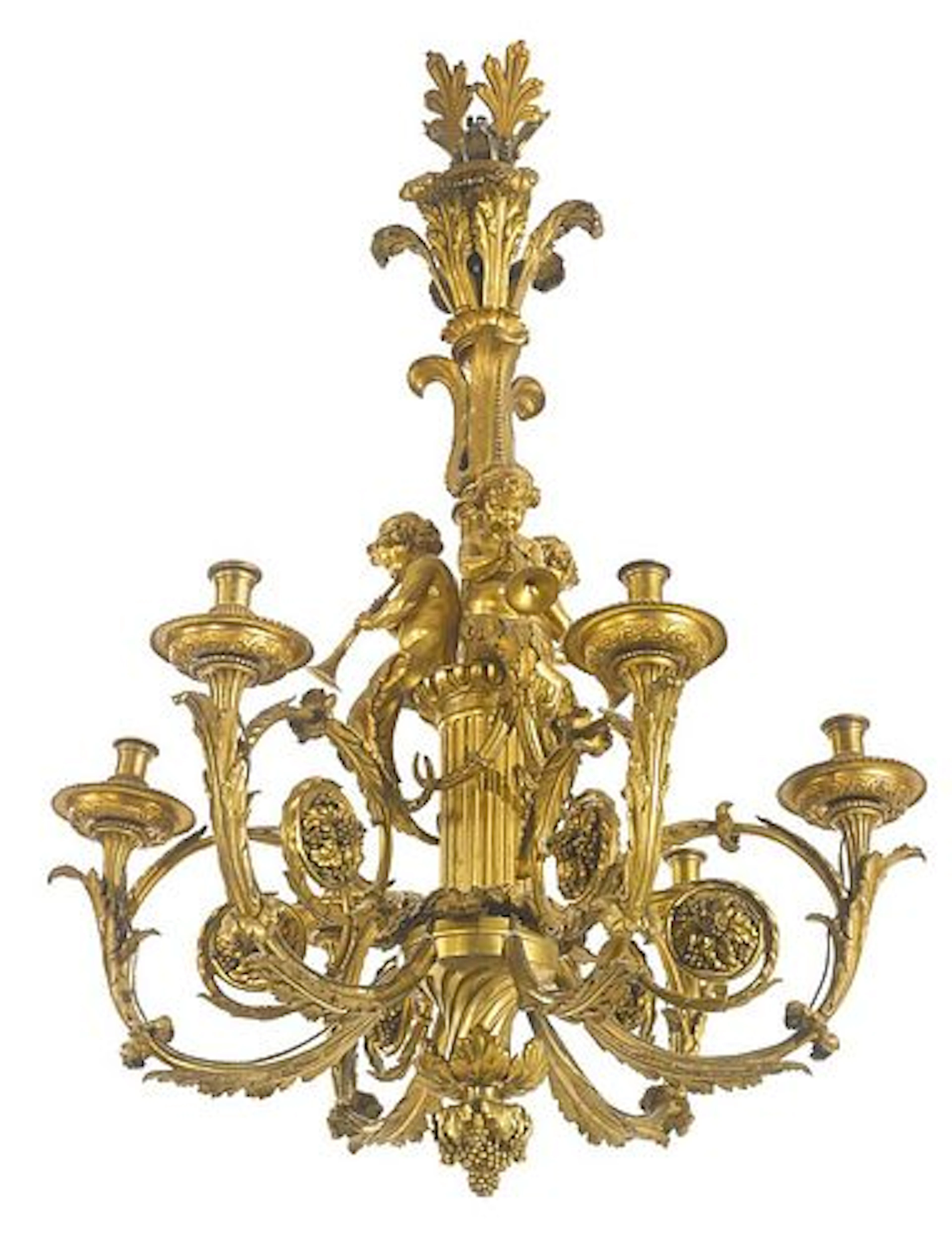 A "Henri Dasson" Signed Gilt bronze 6-light chandelier