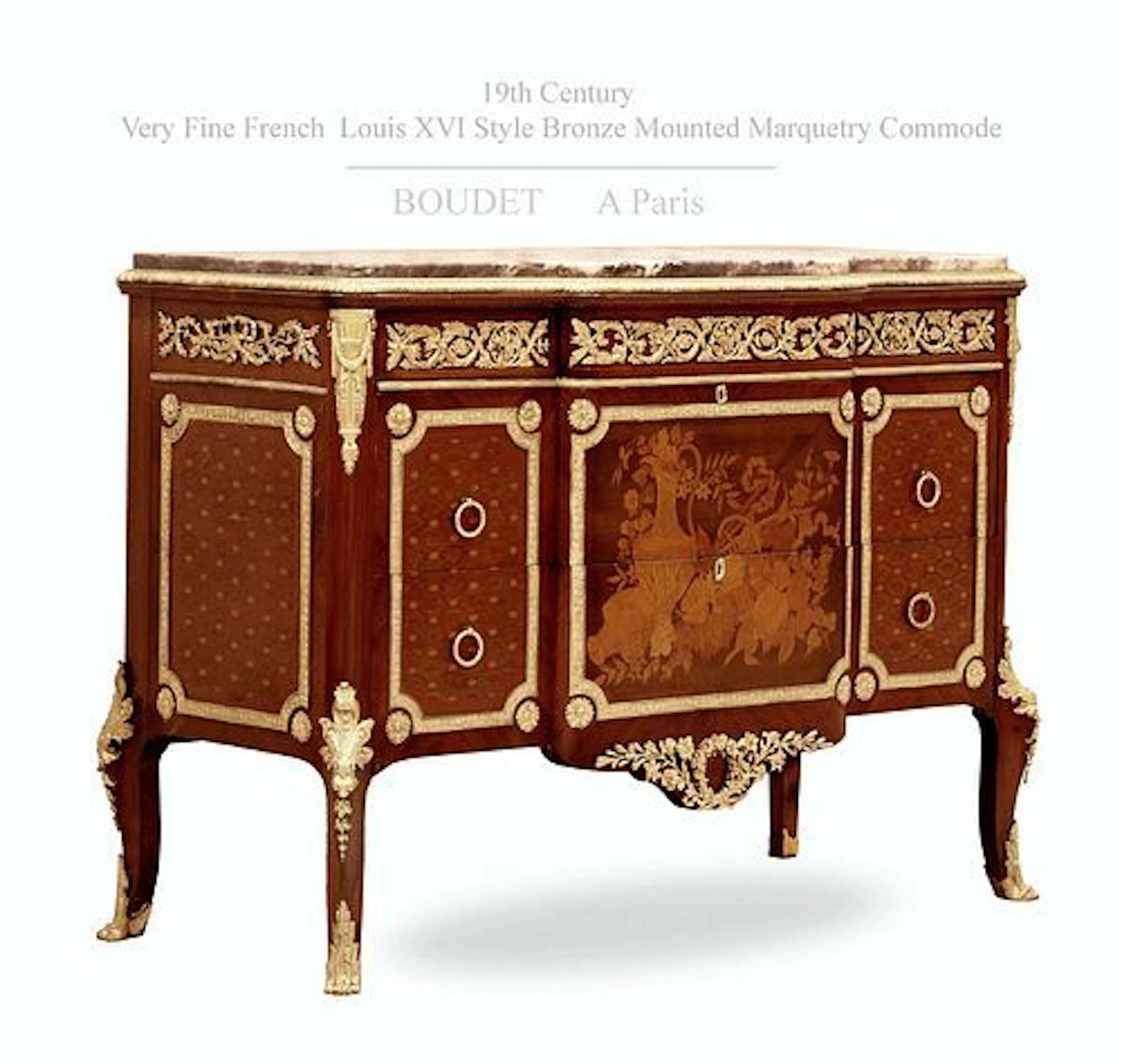 Very fine 19th C French Boudet Louis XVI Style Bronze Marquetry Commode/Cabinet