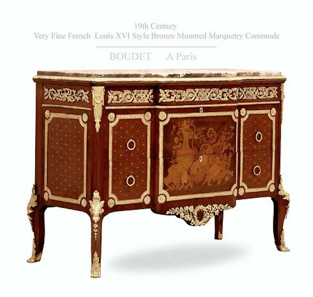 Very fine 19th C French Boudet Louis XVI Style Bronze Marquetry Commode/Cabinet