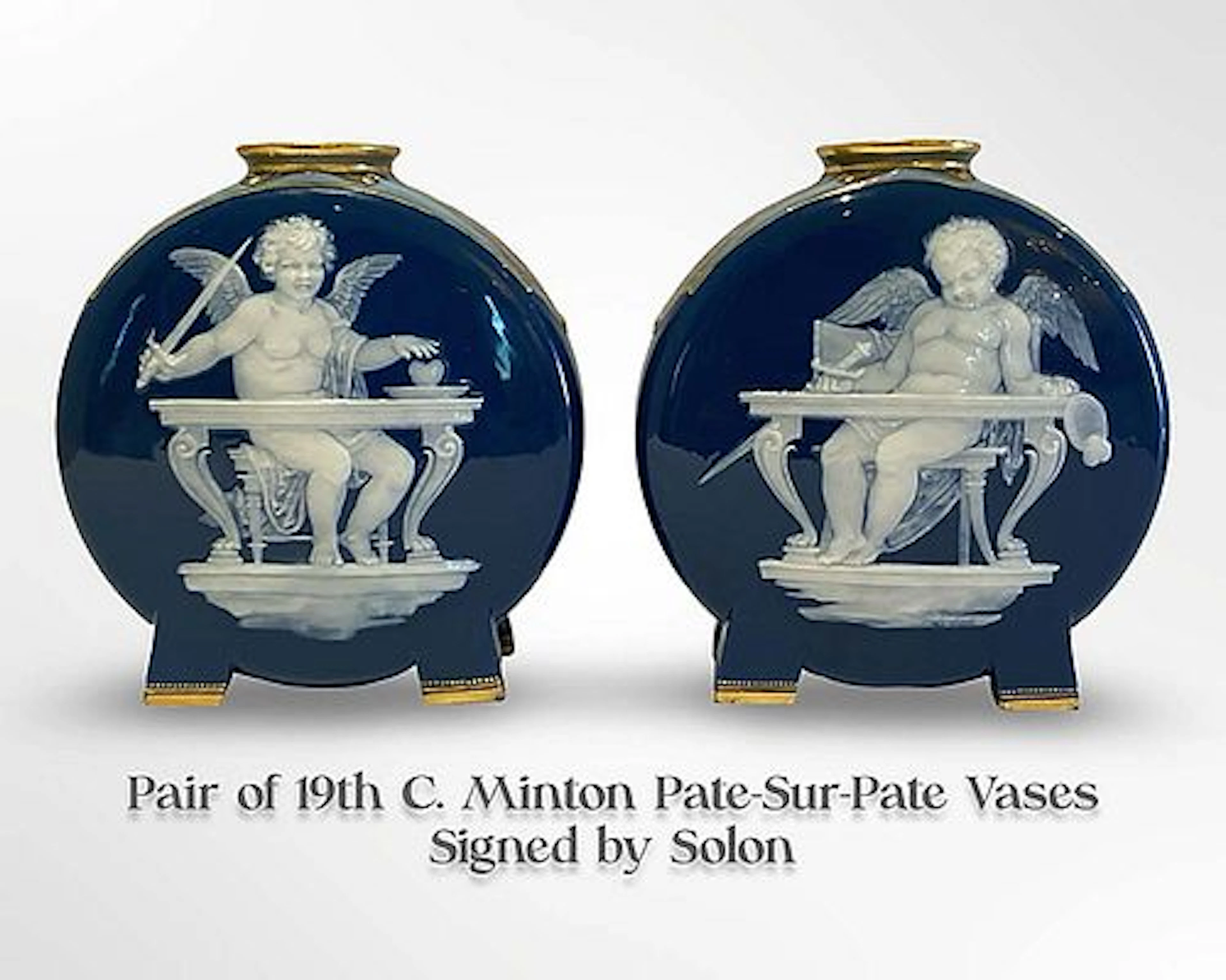 A ?Pair of 19th C. Minton Pate-Sur-Pate Porcelain Vases, Solon Signed