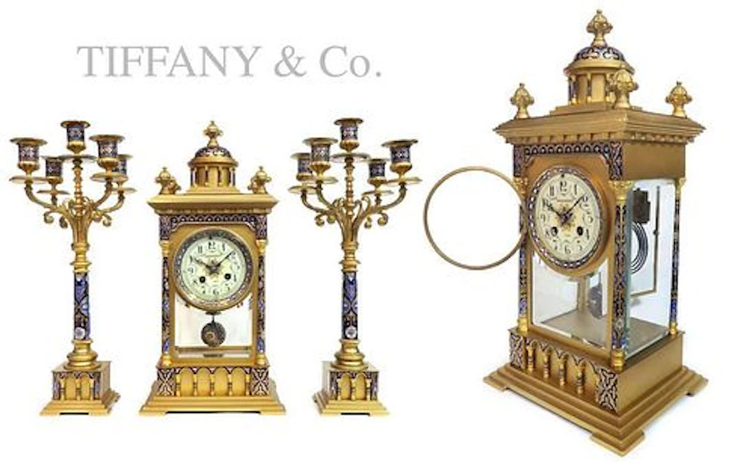 19th C. Tiffany & Co Champleve Enamel Clock Set