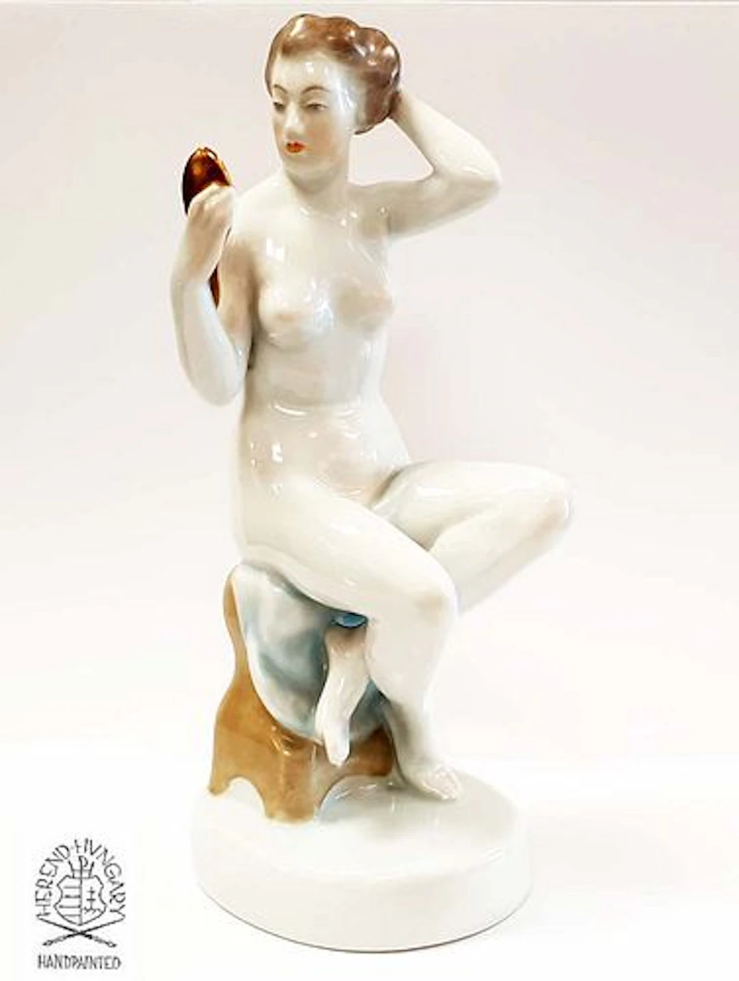NUDE & MIRROR, A HEREND HAND-PAINTED PORCELAIN FIGURINE