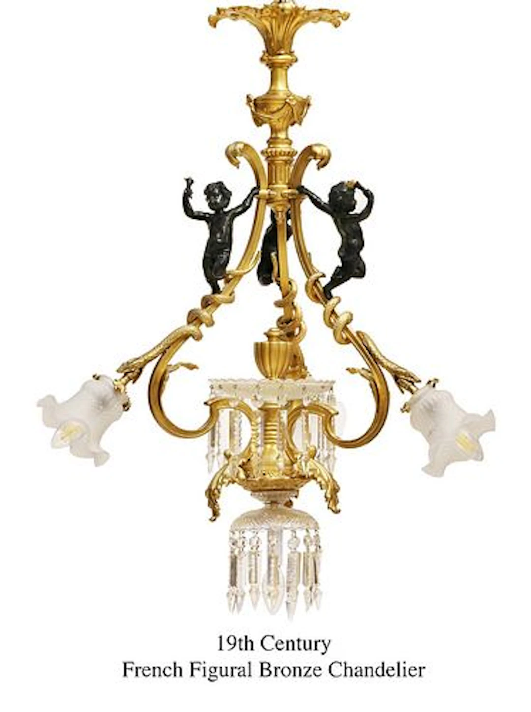 19th C. French Figural Bronze & Crystal Four Lights Chandelier