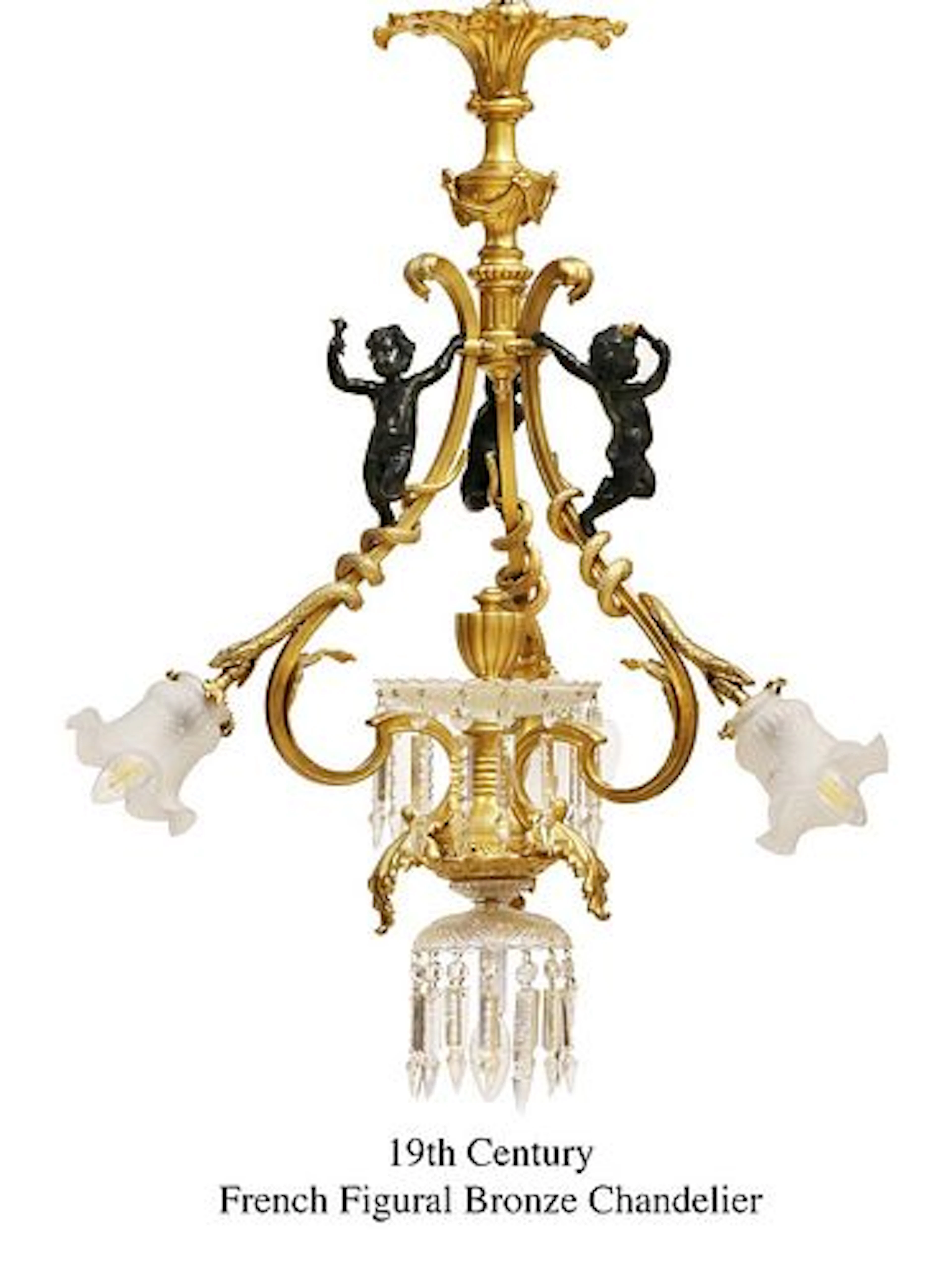 19th C. French Figural Bronze & Crystal Four Lights Chandelier