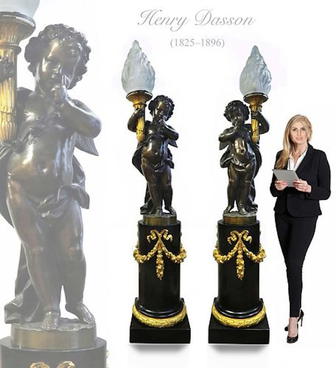 PAIR OF MONUMENTAL HENRY DASSON FIGURAL TORCHIERE LAMP
