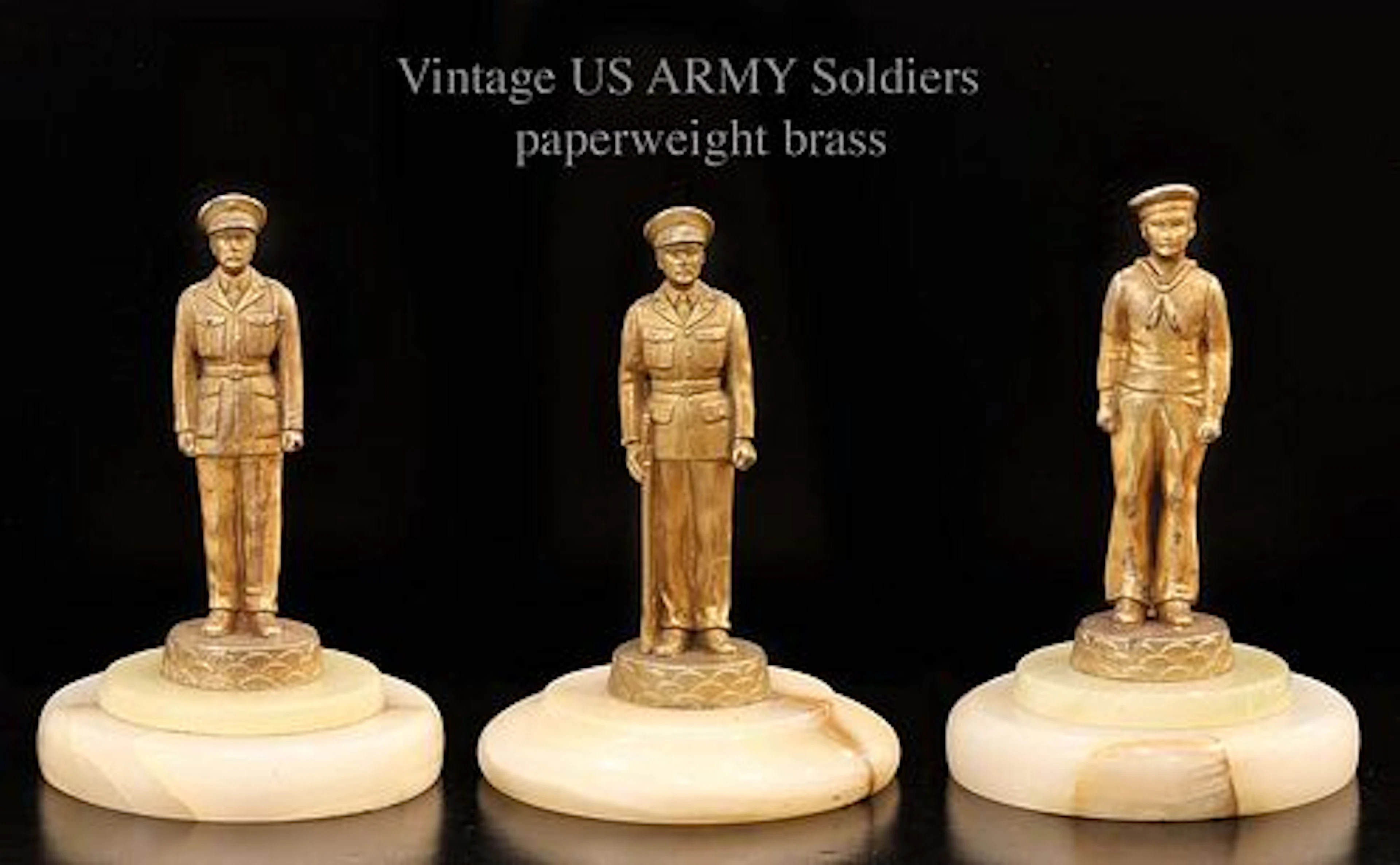 A Set of Three Vintage US ARMY Soldiers Brass & Onyx Marble Paperweights