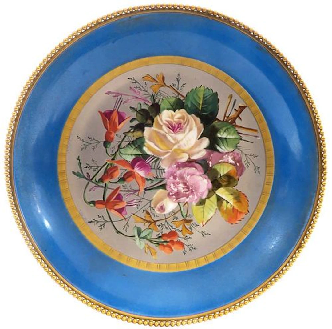 19th C. Sevres Style Bronze Mounted Floral Plate