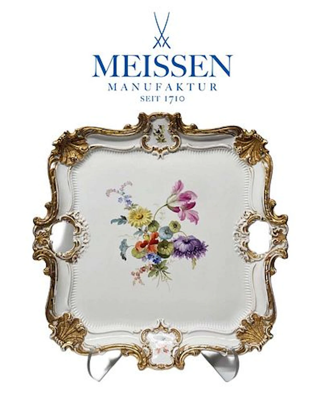 A Large Meissen Hand Painted Porcelain Floral Square Platter Tray