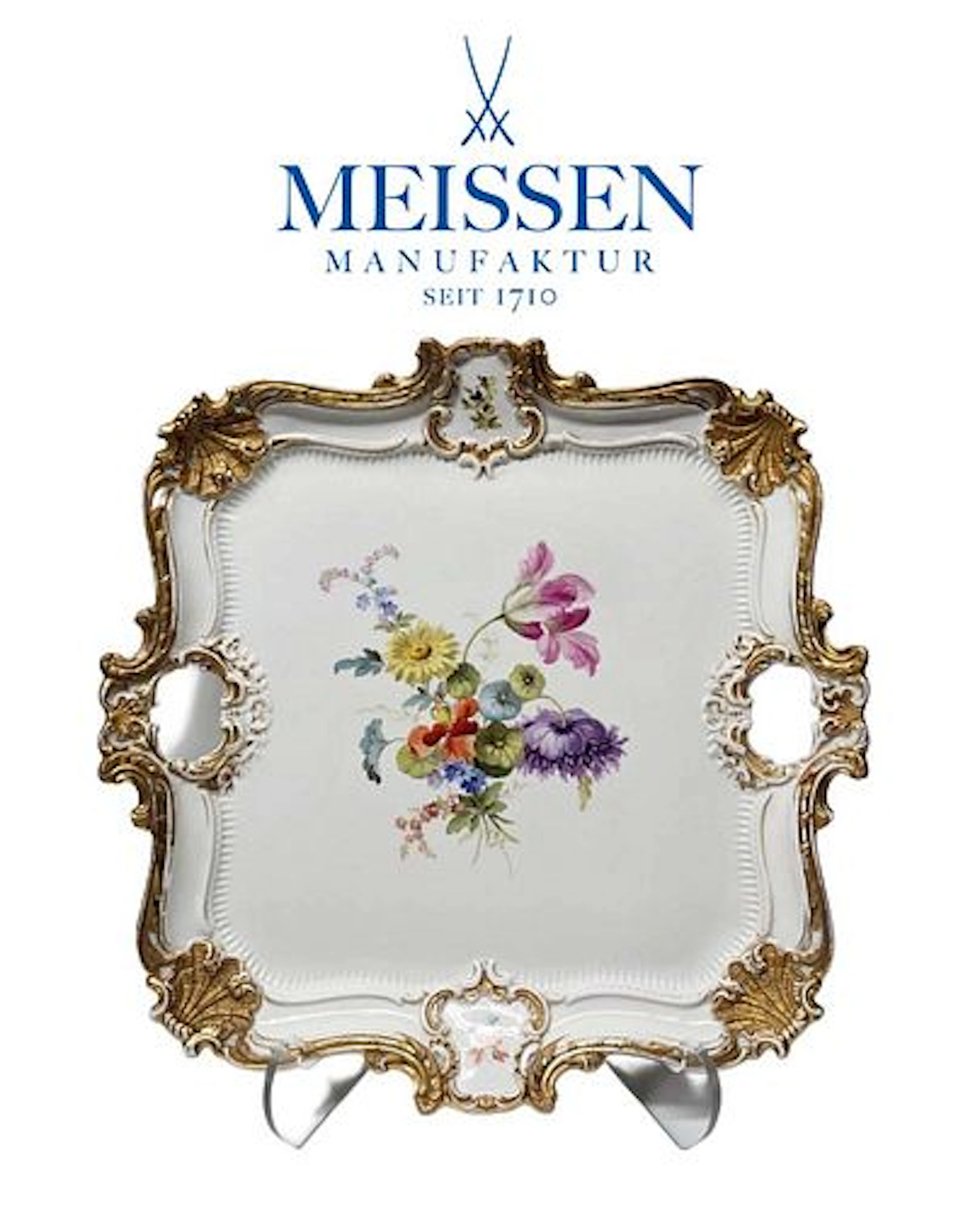 A Large Meissen Hand Painted Porcelain Floral Square Platter Tray