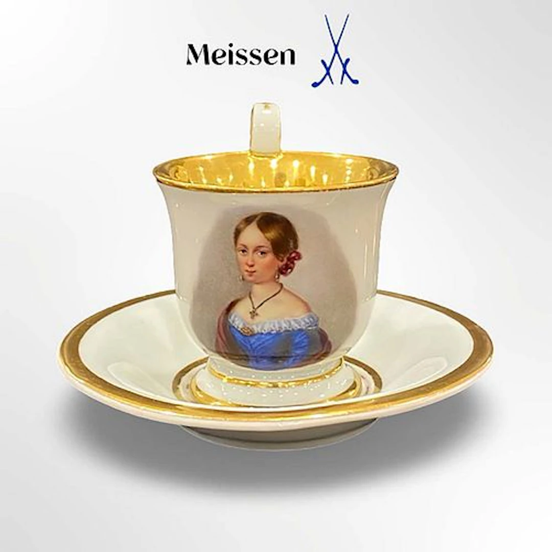 19th C. German Meissen Hand Painted Porcelain Cup & Saucer, Hallmarked