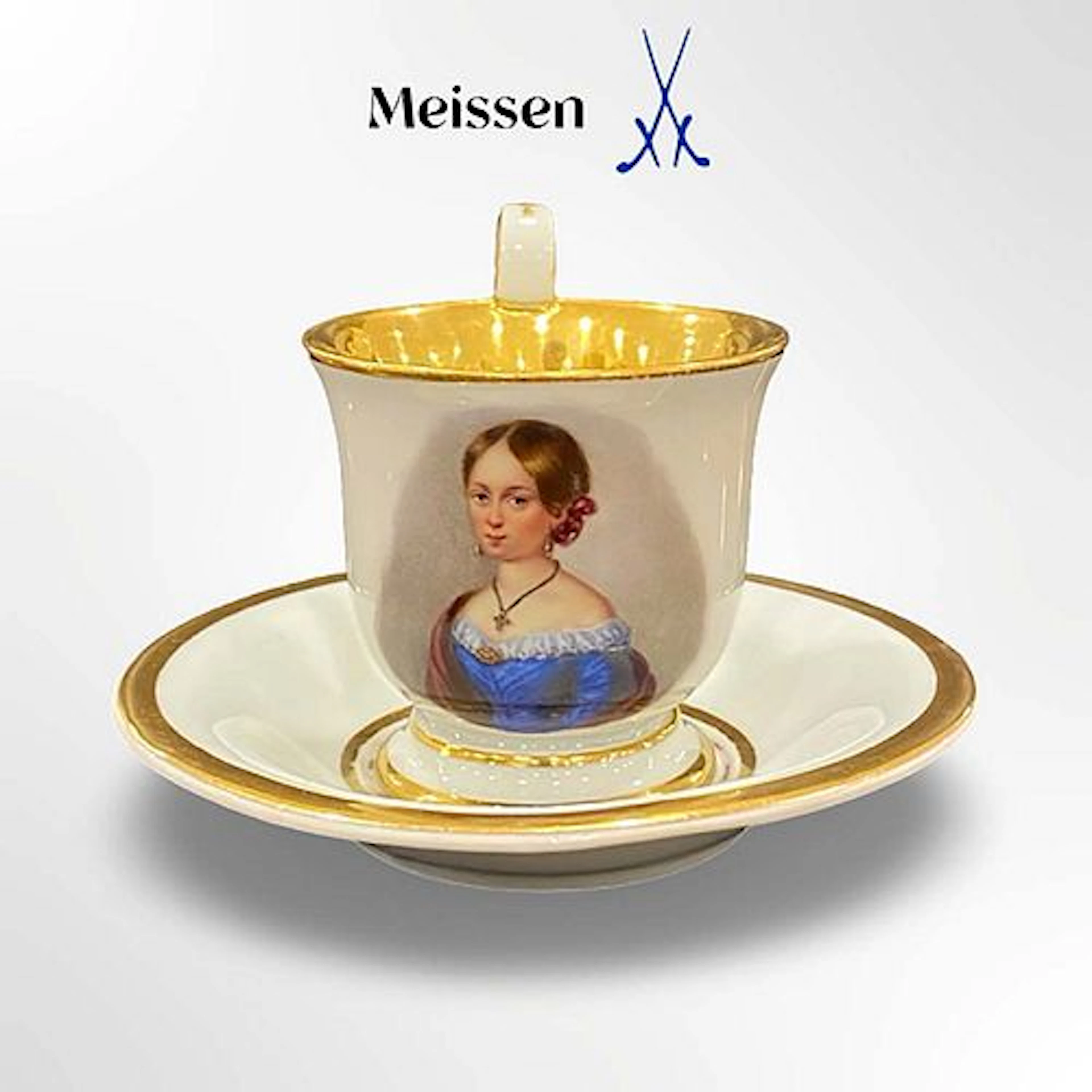 19th C. German Meissen Hand Painted Porcelain Cup & Saucer, Hallmarked