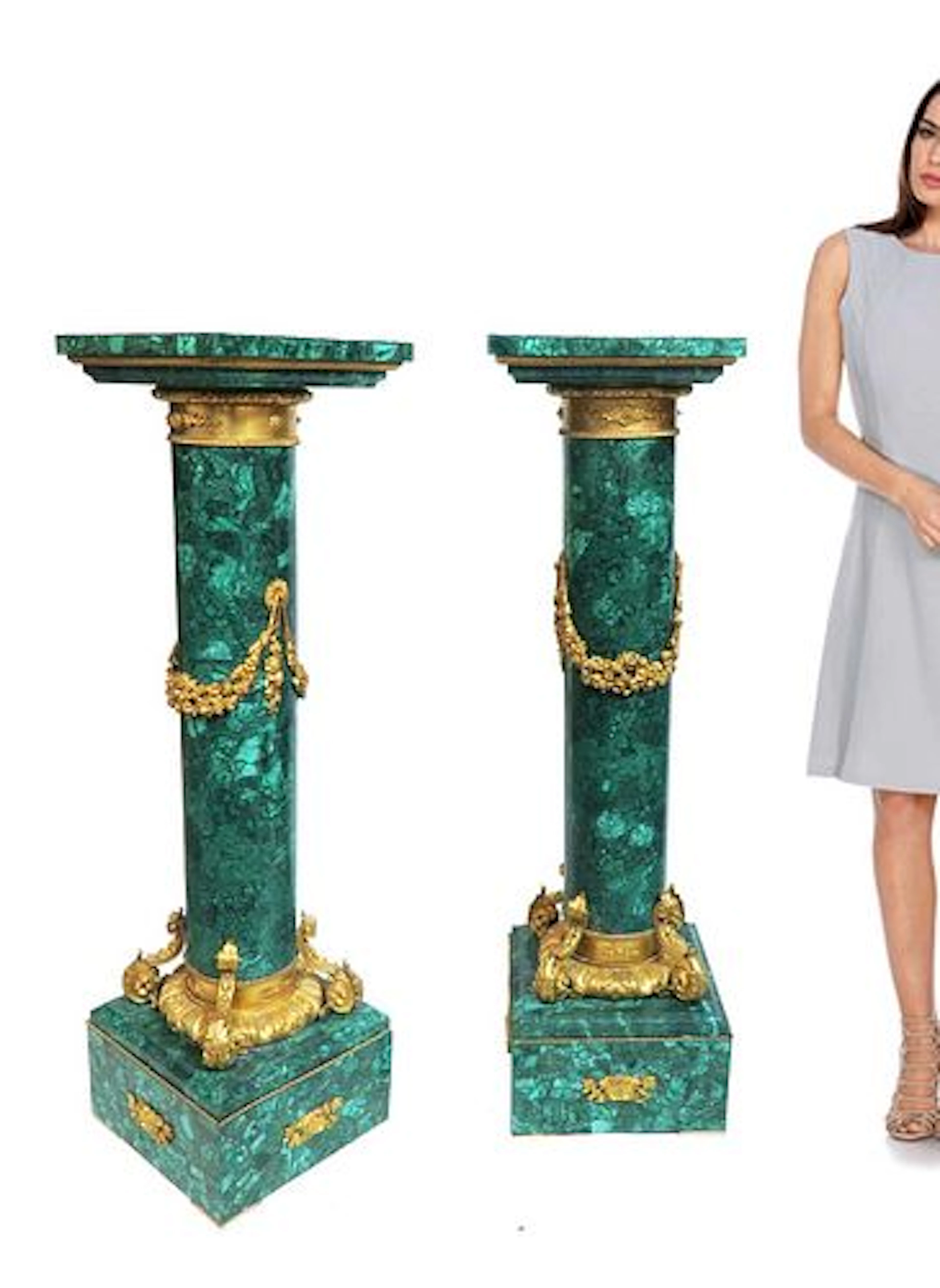 Pair of Large French Ormolu Mounted Malachite Pedestals