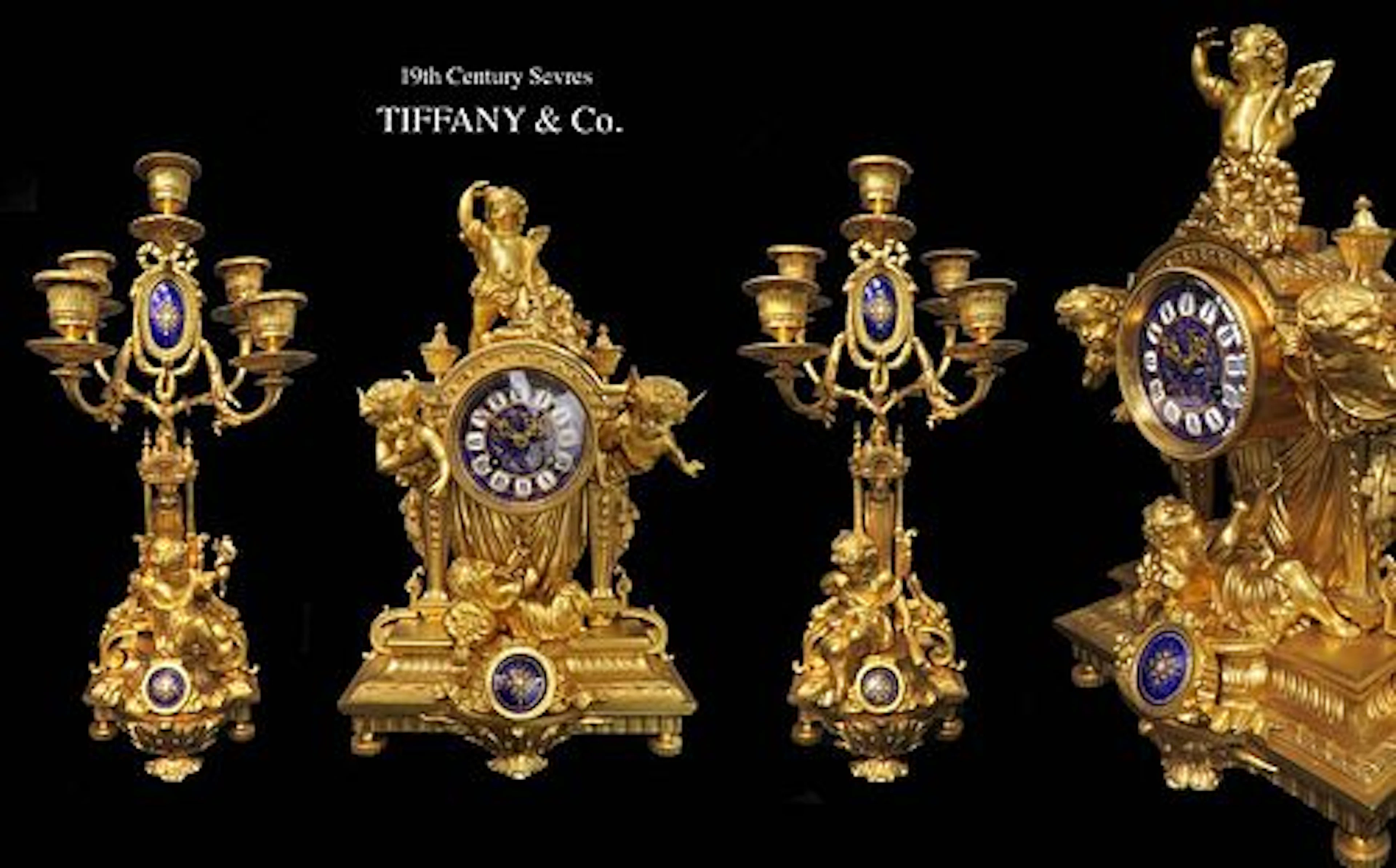 19th C. Tiffany & Co. Bronze Figural Clock set