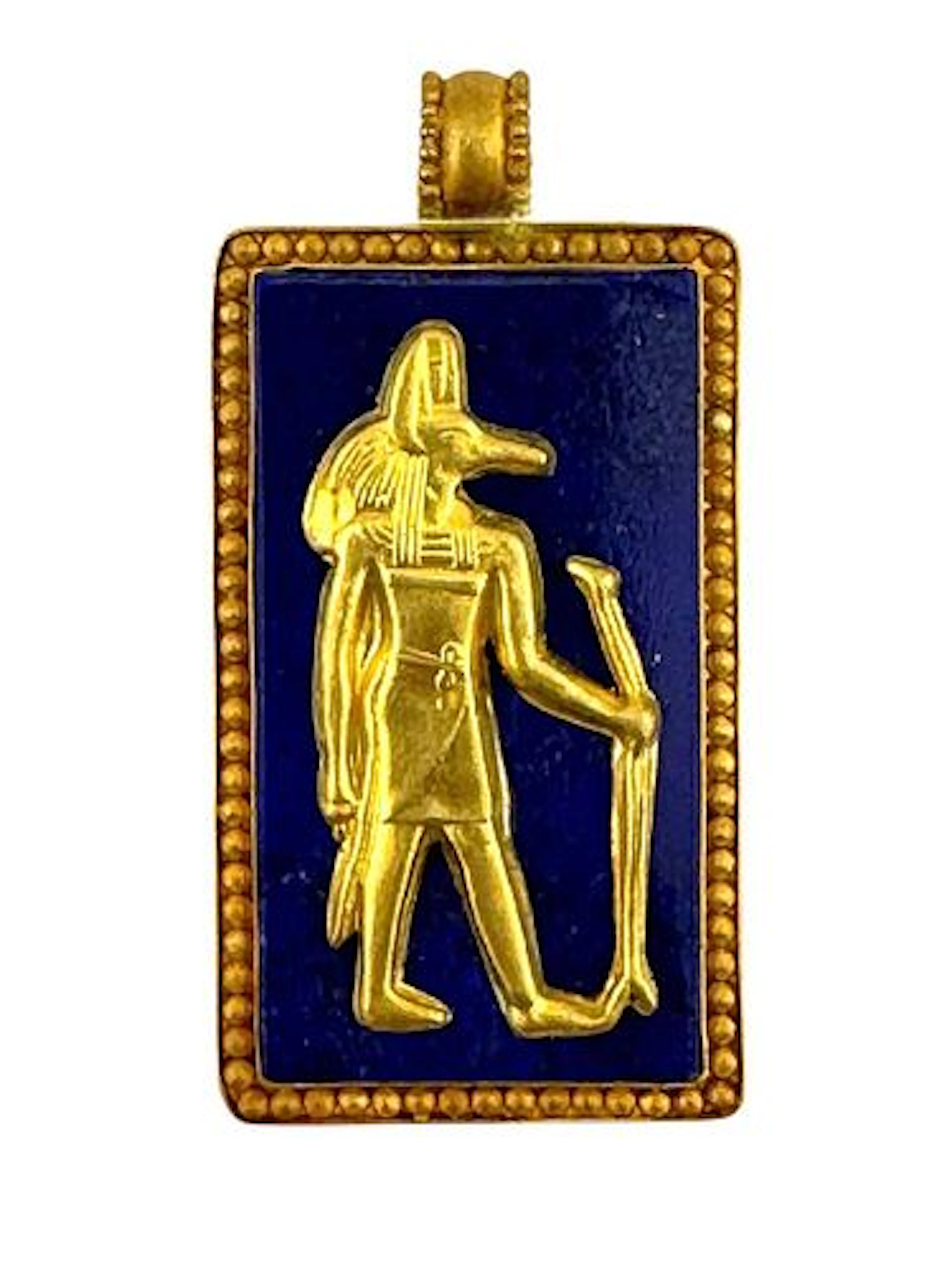 Anubis, Egyptian Jackal Headed Figural Engraved Gold & Lapis Pendant Plaque
