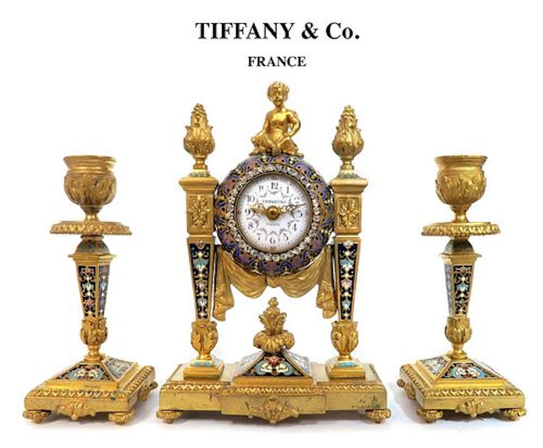 19th C. Tiffany & Co Champleve Figural Bronze Clock Set