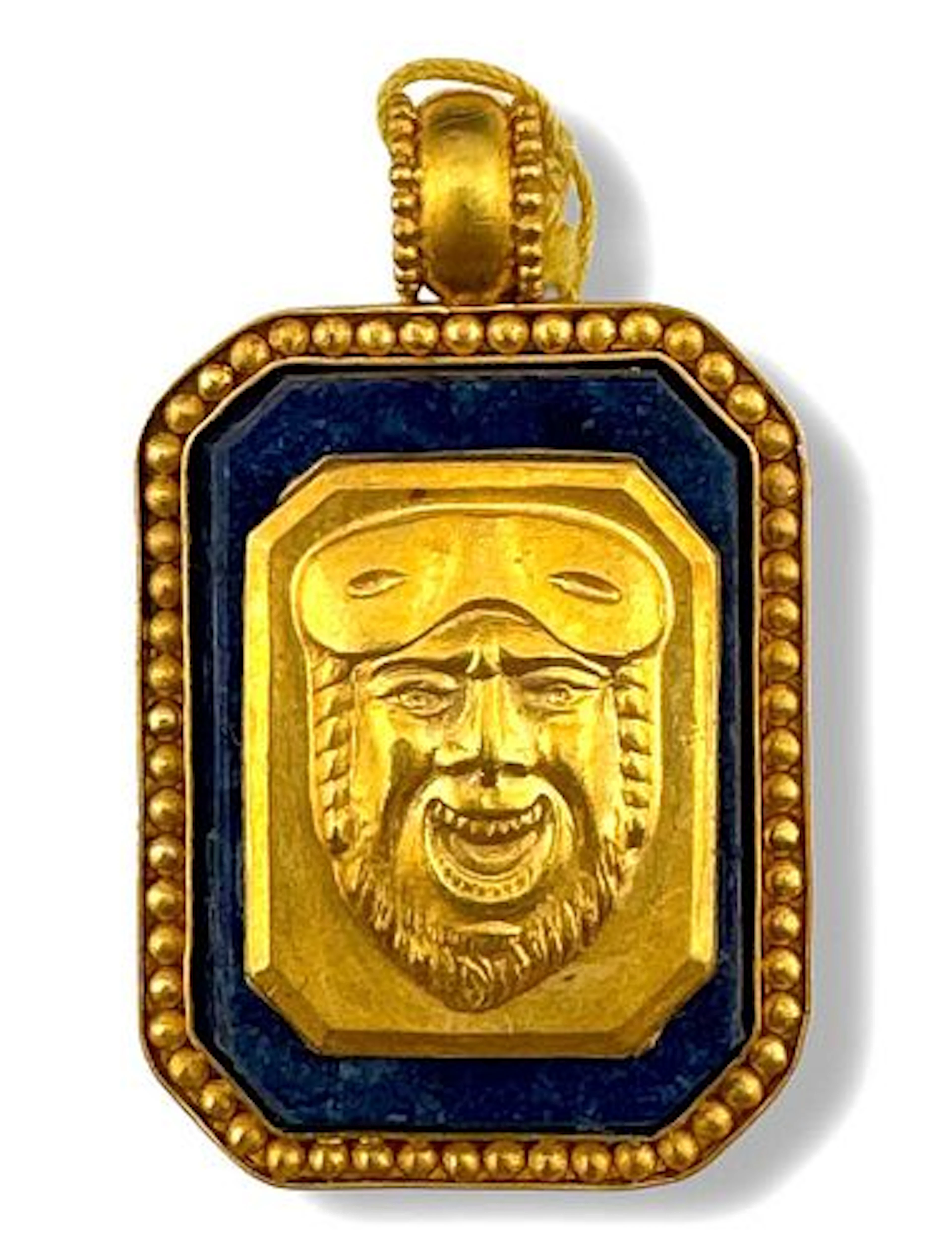 Ancient Greek Theatrical Mask Engraved Gold & Lapis Pendant Plaque