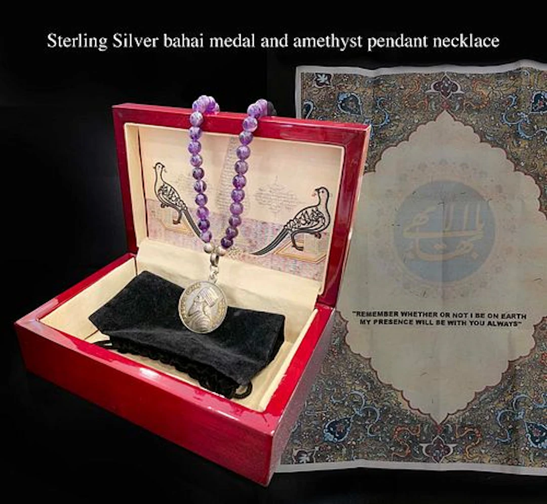 A Sterling Silver Bahai Medal & Amethyst Pendant Necklace, Boxed