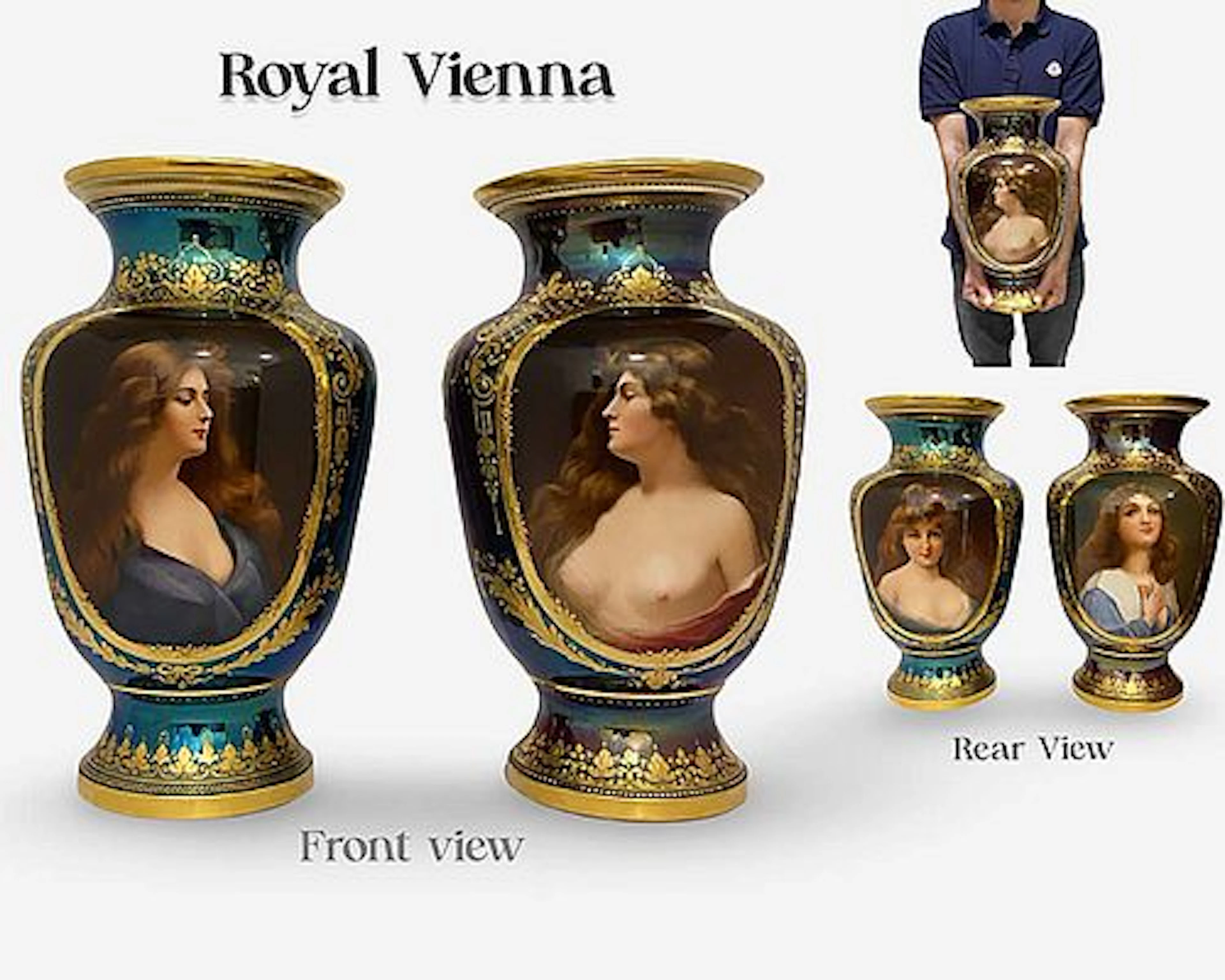 A Pair of Large 19th C. Royal Vienna Hand Painted Iridescent Porcelain