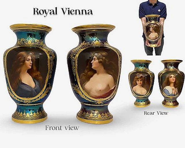 A Pair of Large 19th C. Royal Vienna Hand Painted Iridescent Porcelain