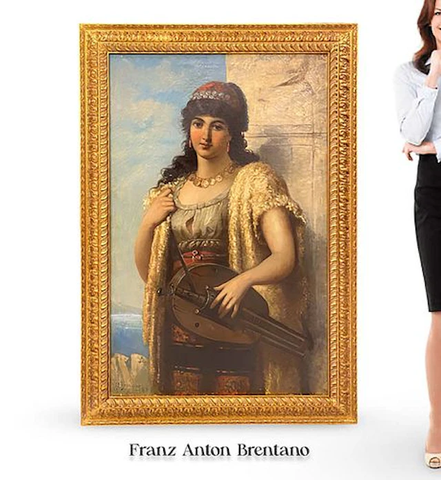 19th C. Orientalist Musician Woman Portrait Oil on Canvas Painting, Signed