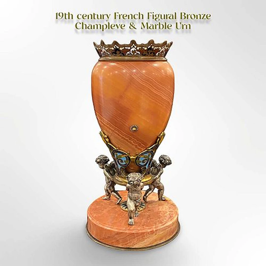 19th C. French Champleve & Marble Figural Bronze Urn/Vase
