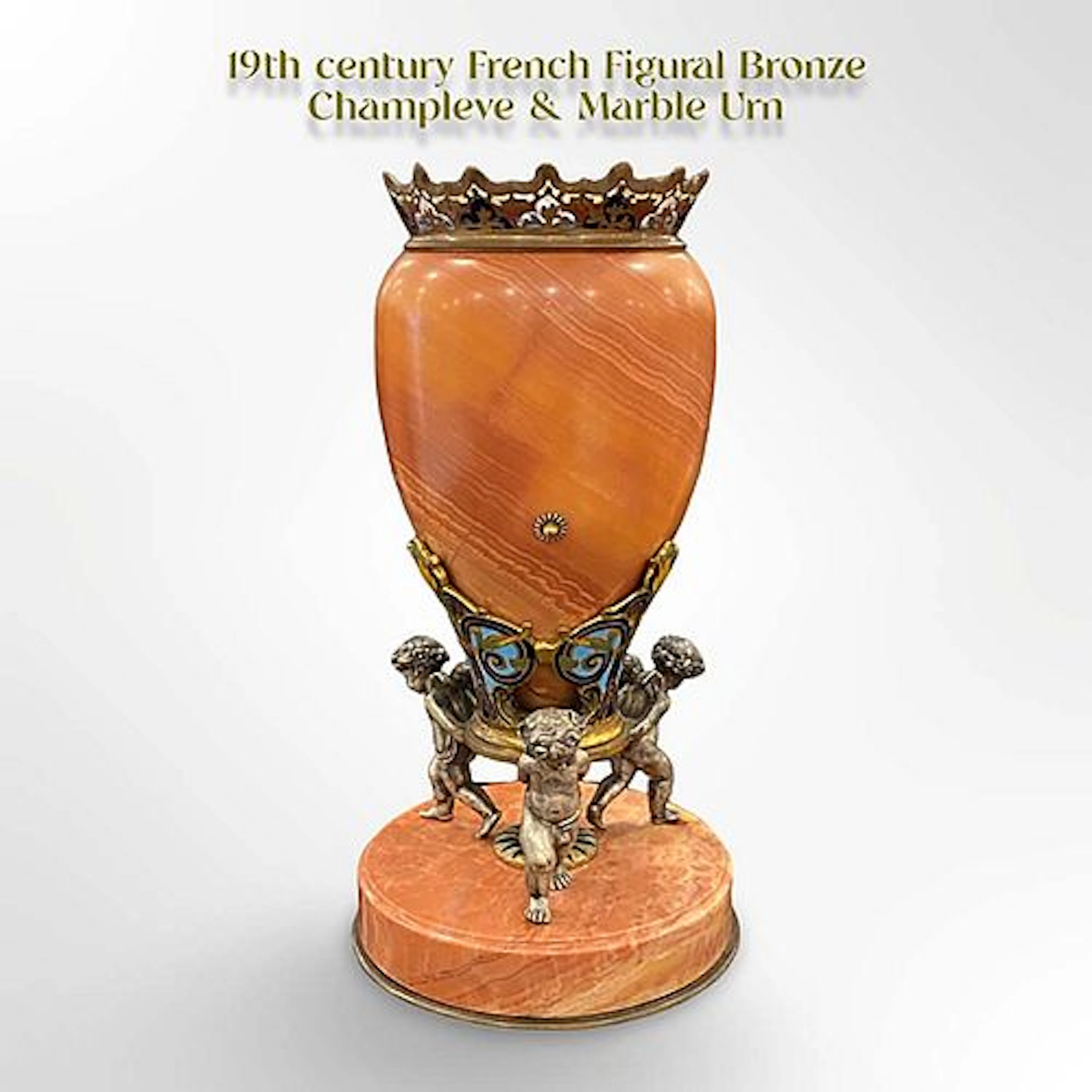 19th C. French Champleve & Marble Figural Bronze Urn/Vase