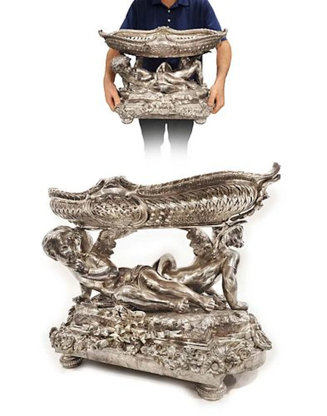 19th C. Monumental French Silver-Plated Figural Centerpiece