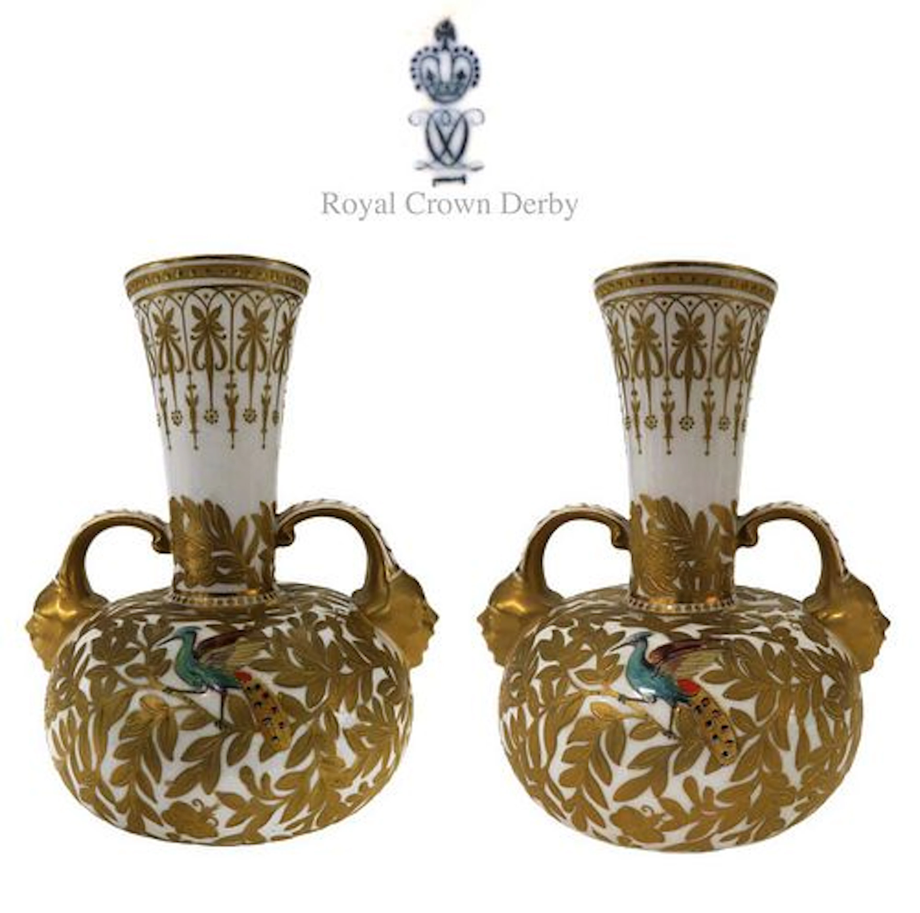 A Pair of Royal Crown Derby Hand Painted Vases, 19th C.