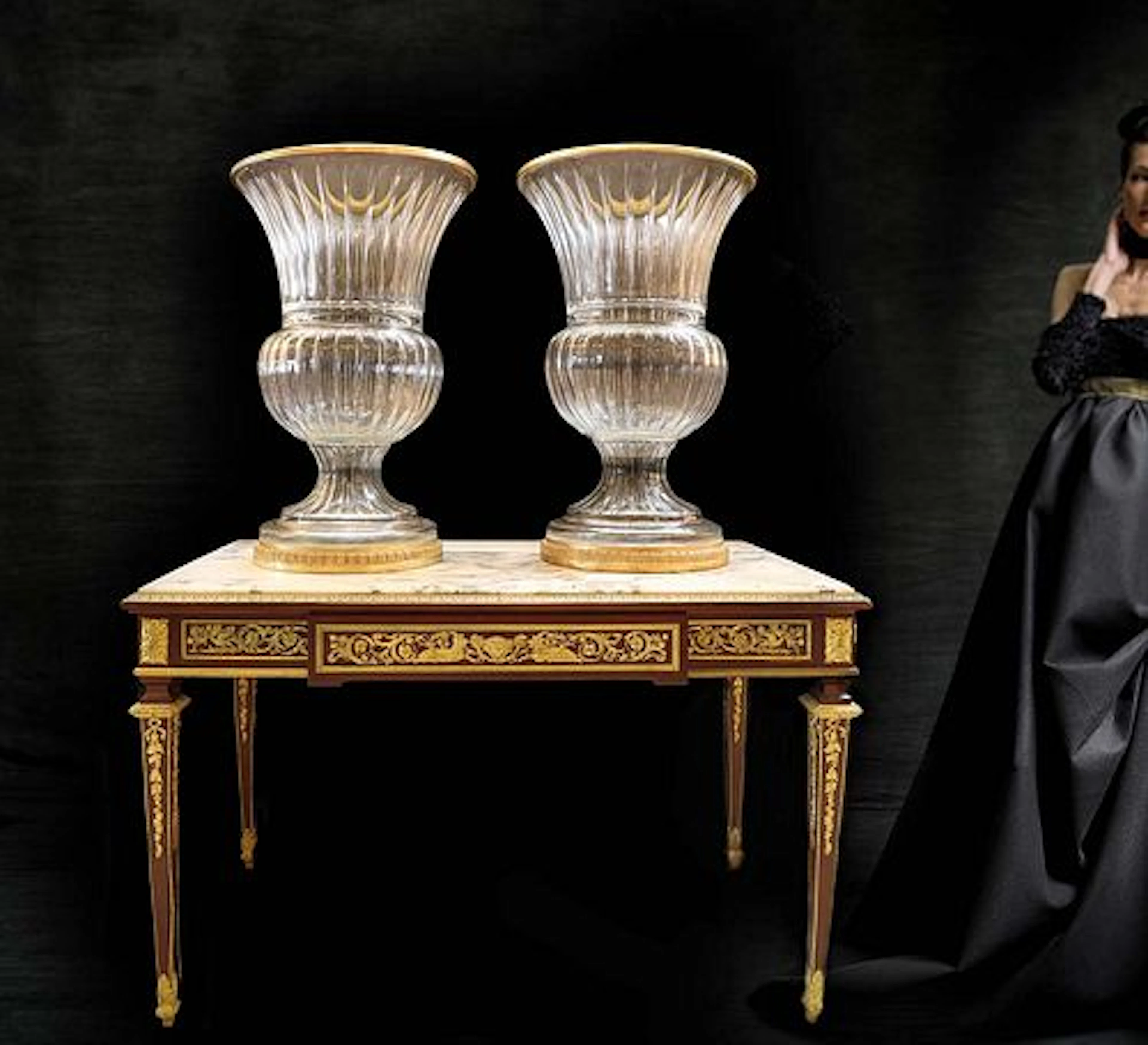 A Pair of Monumental Baccarat Style Crystal Bronze Vases
