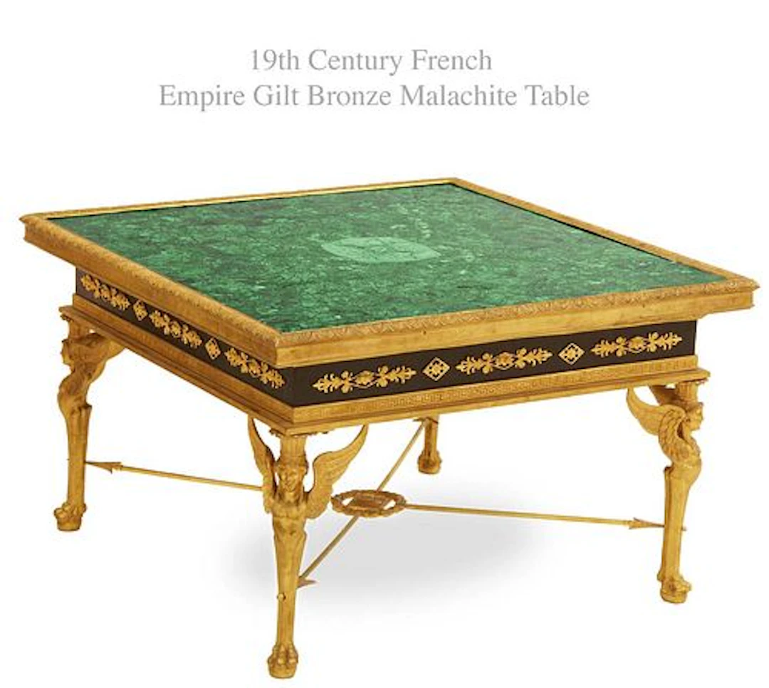 19th C. French Empire Figural Gilt Bronze & Malachite Table