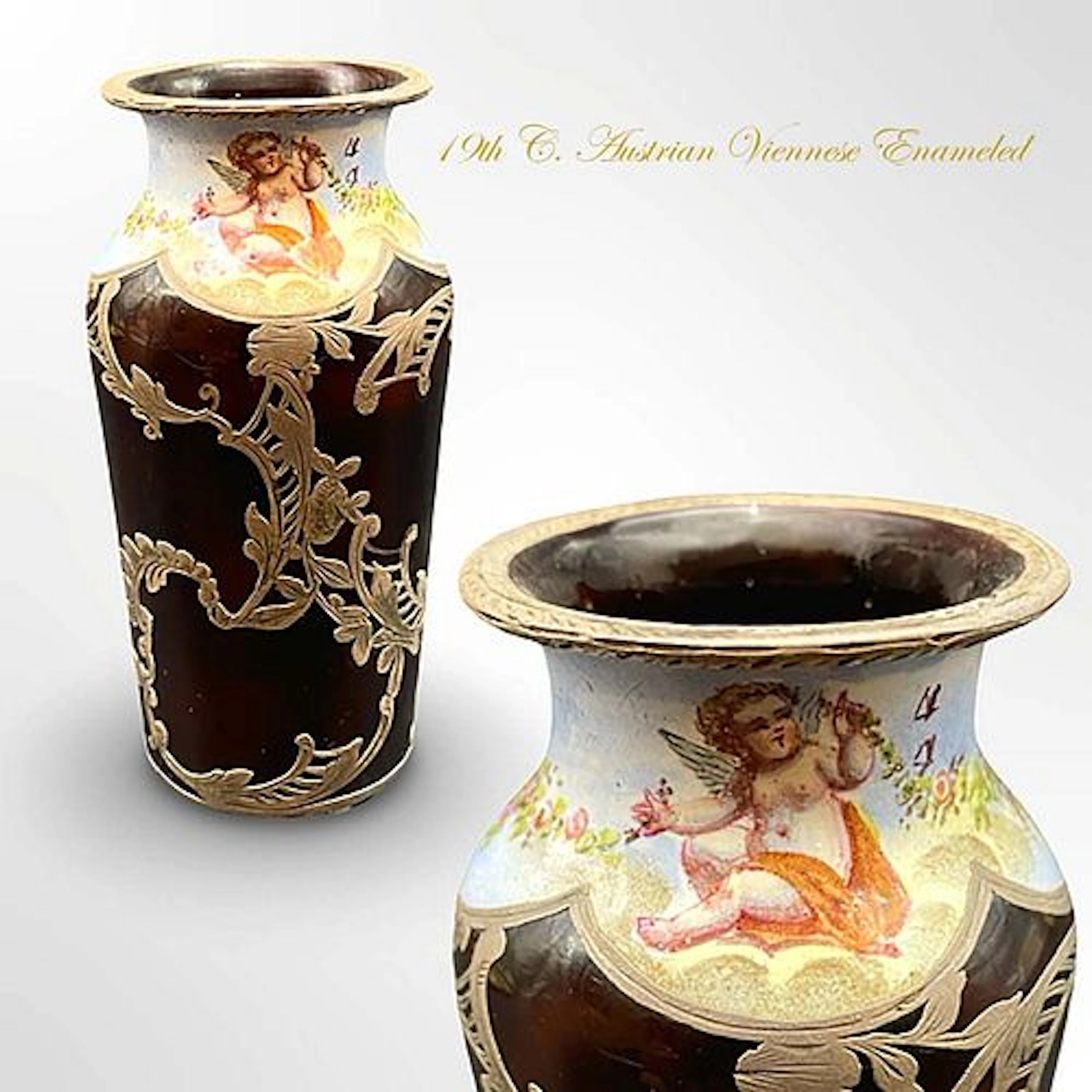 19th C. Austrian Viennese Silver Inlays & Enameled Miniature Vase