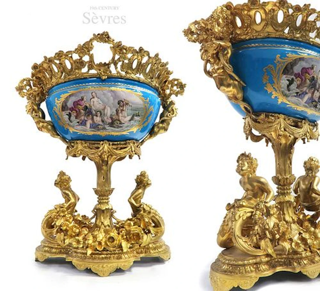 19th C Large Louis XV Figural Bronze\Sevres Centerpiece