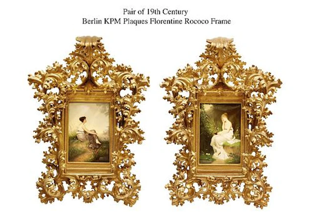 A Pair of 19th C. German KPM Plaques W/ Florentine Rococo Frame