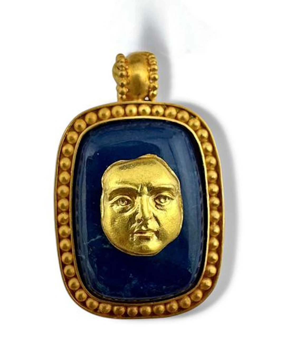 Ancient Greek Theatre Mask Engraved Gold & Lapis Pendant Plaque