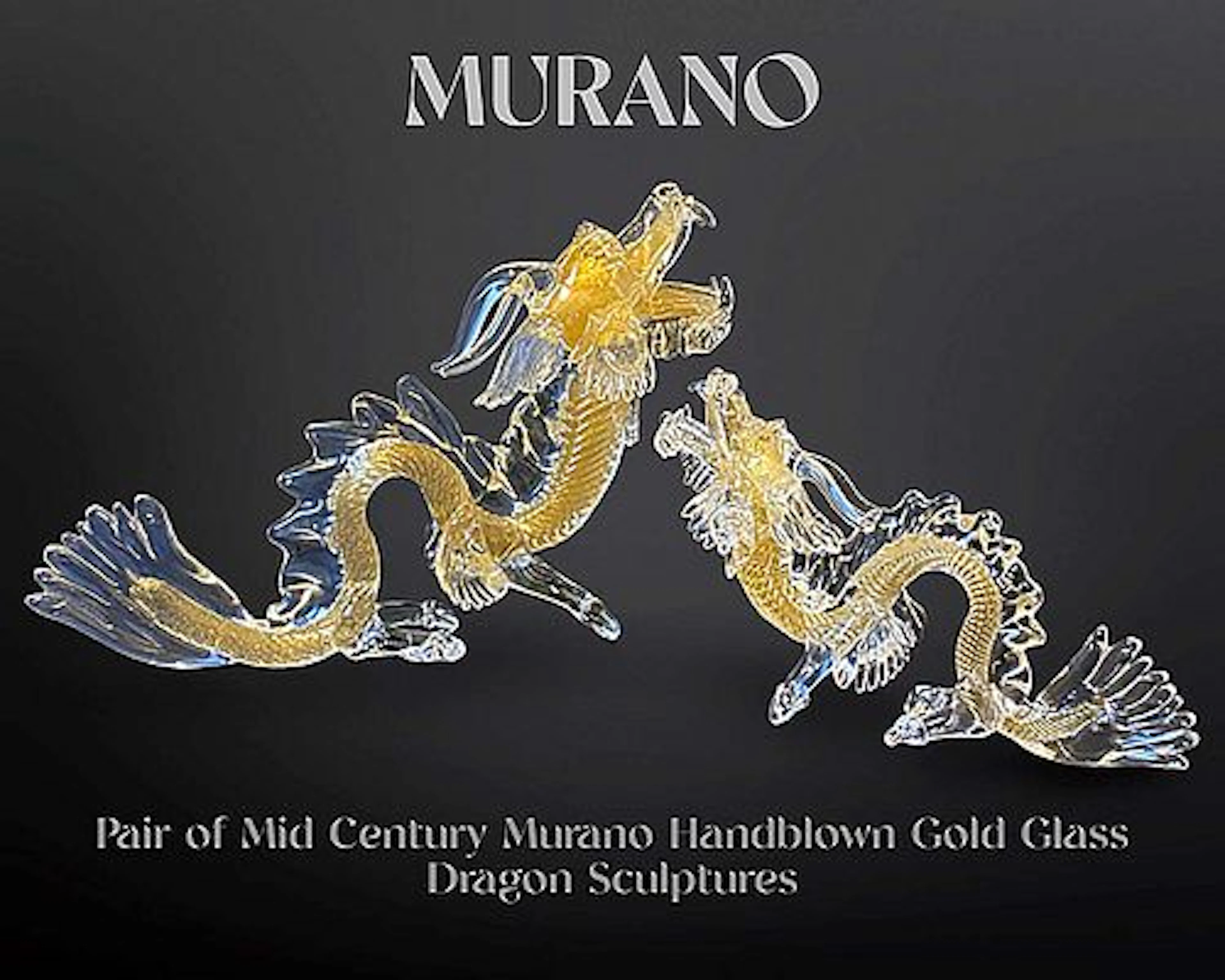 A Pair of Mid Century Murano Handblown Gold Glass Dragon Sculptures, Signed