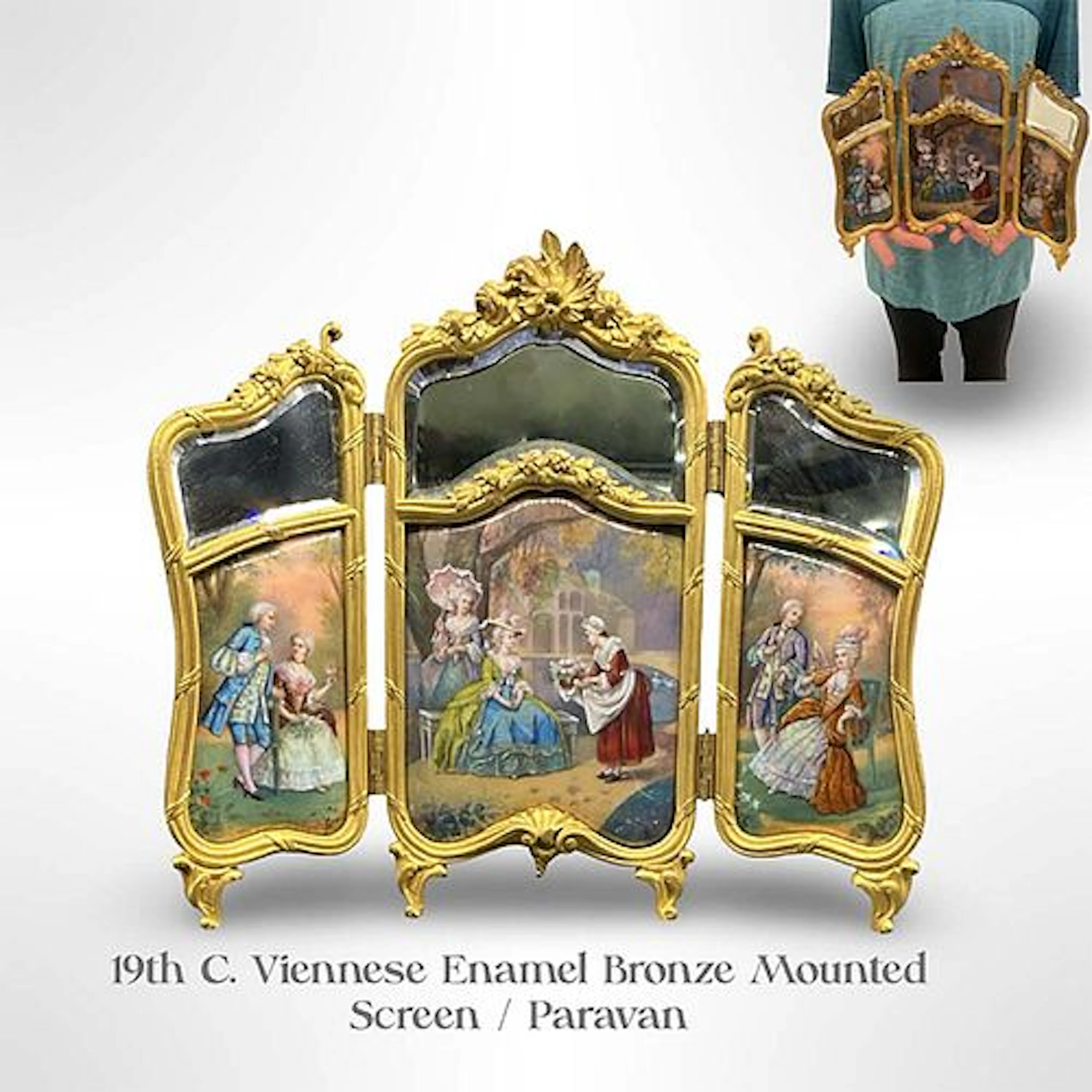 19th C. Austrian Viennese Enamel Bronze Screen/Paravane