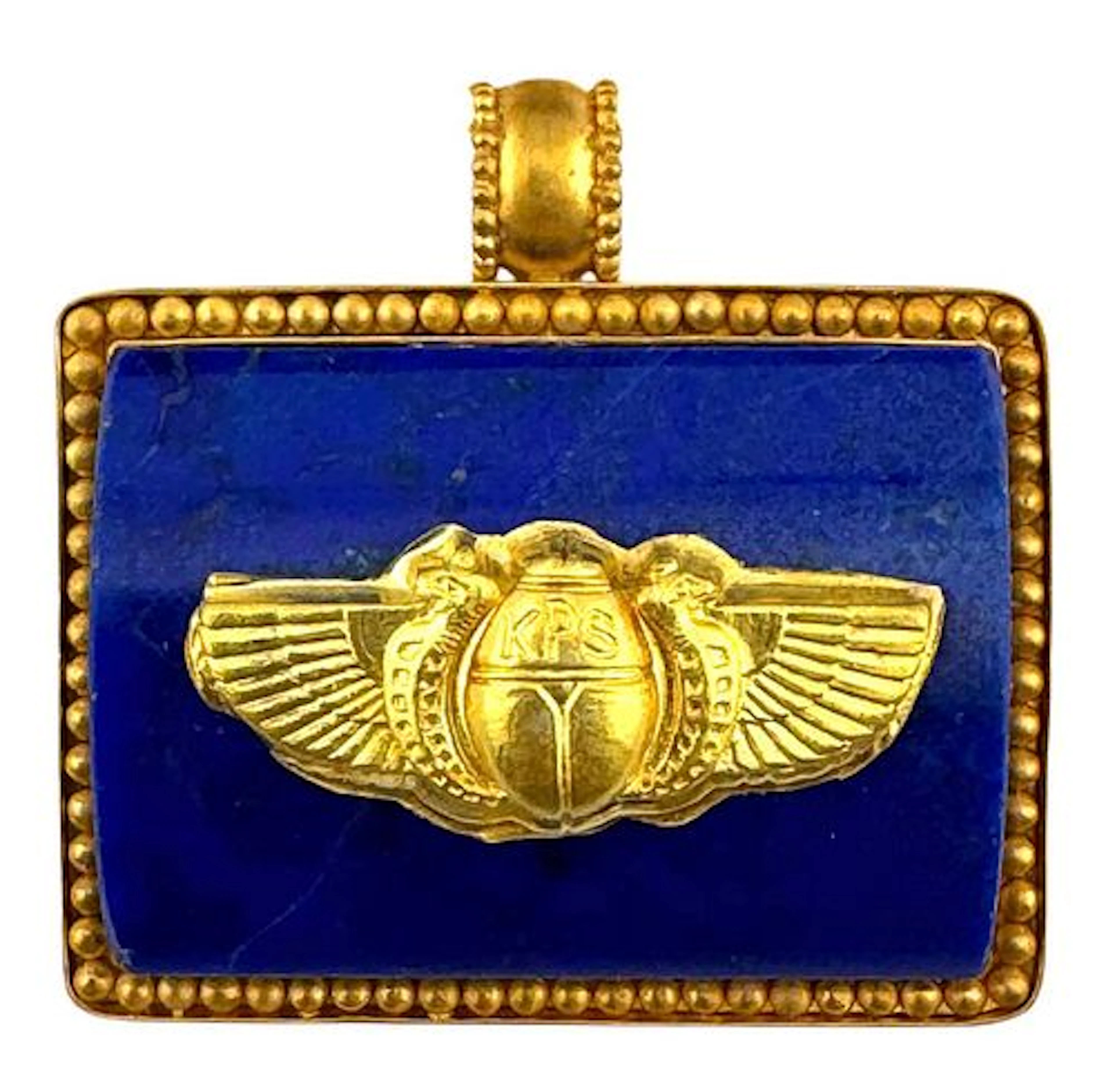 An Egyptian Winged Scarab Engraved Gold & Lapis Pendant Plaque