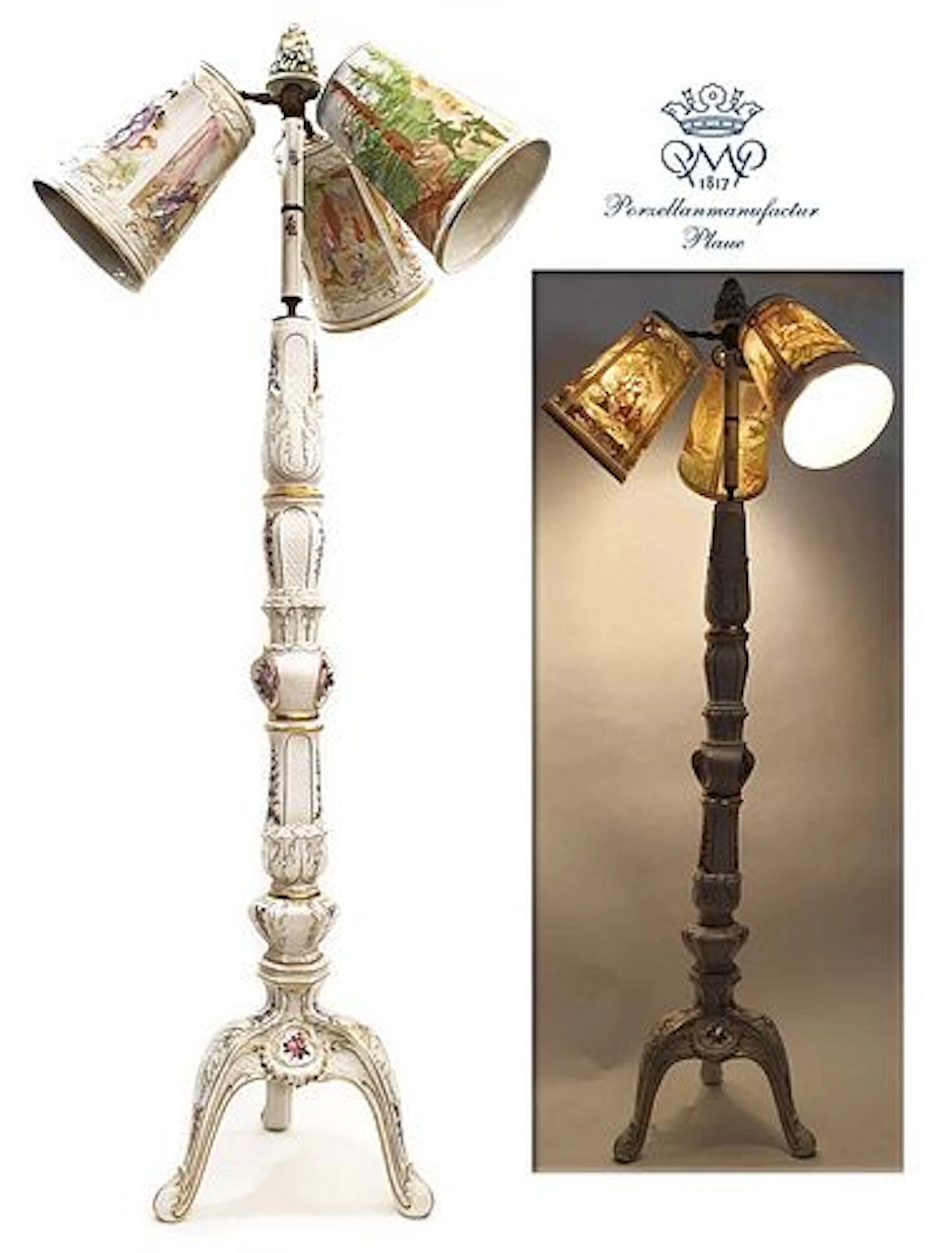 Von Schierholz Hand Painted Porcelain 3 Branches Lamp