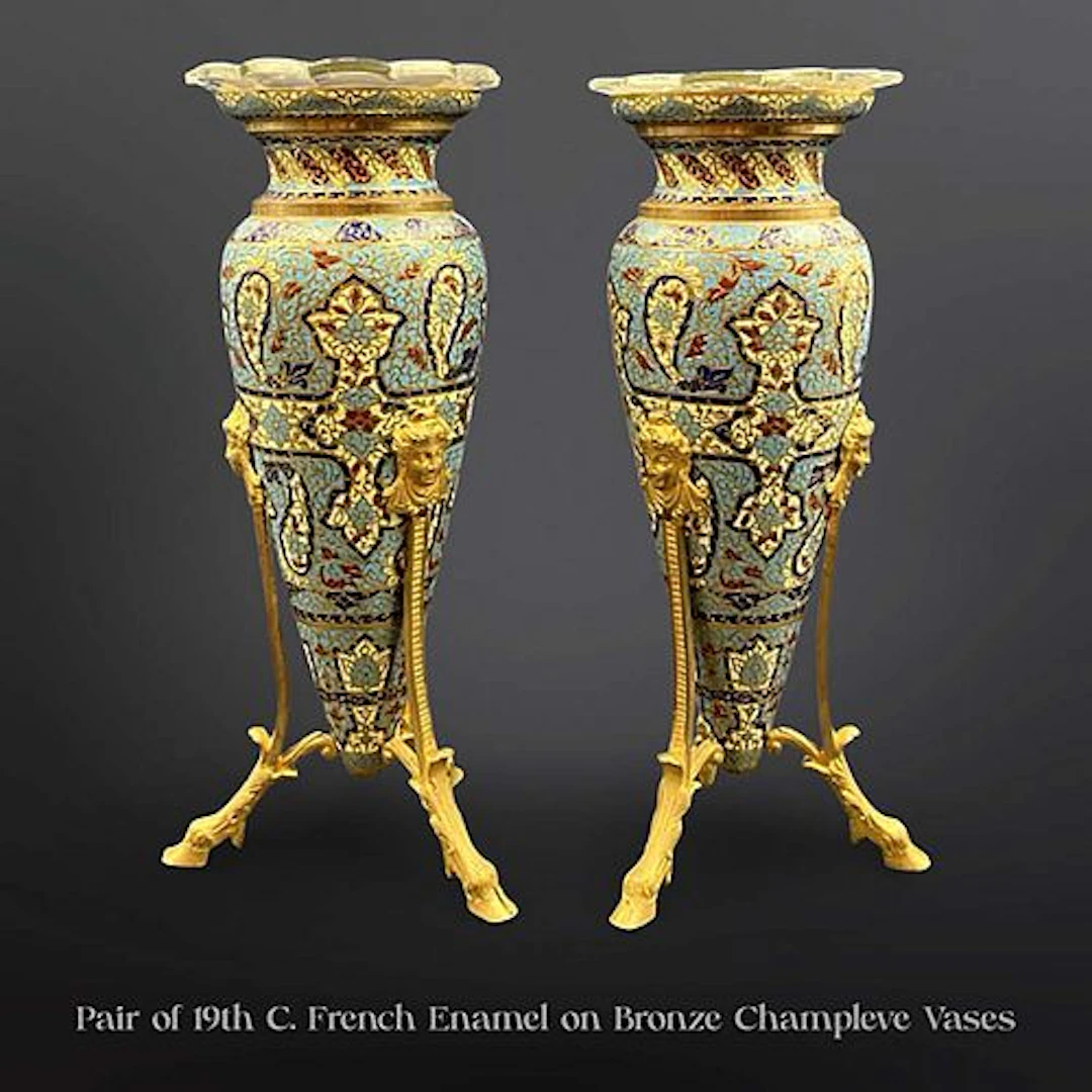 A Pair of 19th C. French Champleve Enamel Bronze Vases