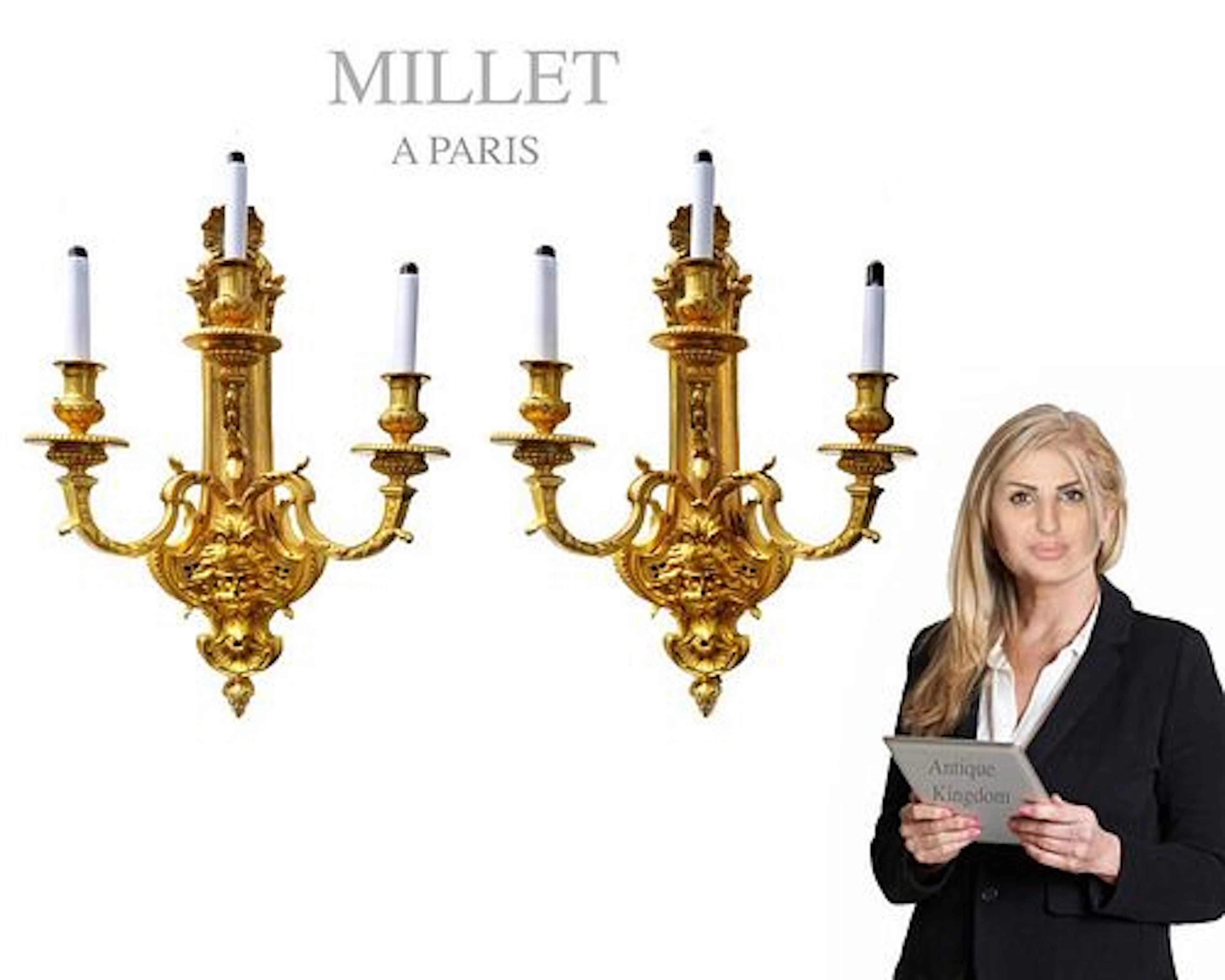 A Pair of 19th C. Millet Figural Gilt Bronze Sconces