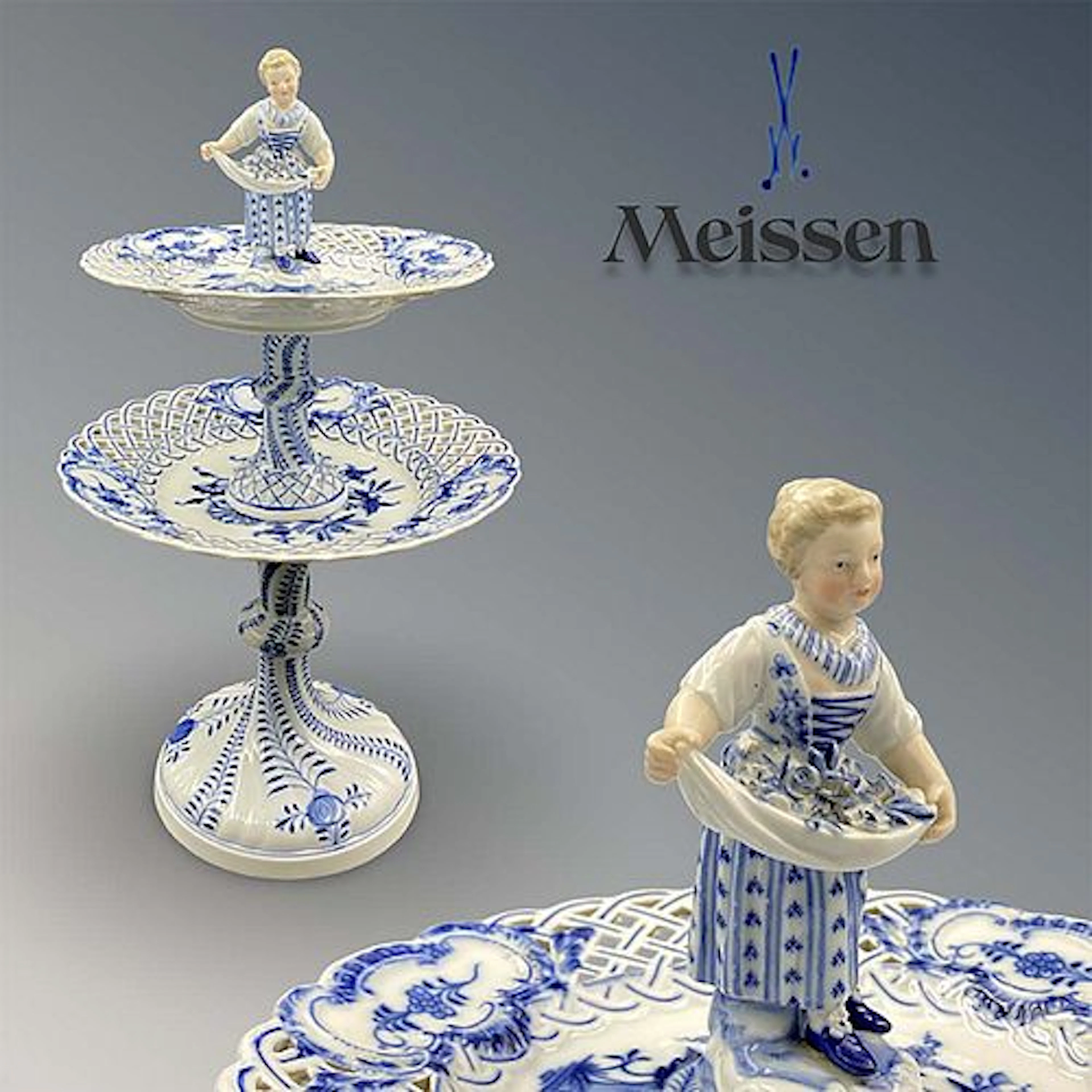 19th C. Meissen Hand Painted Blue Figural Double Deck Centerpiece, Signed