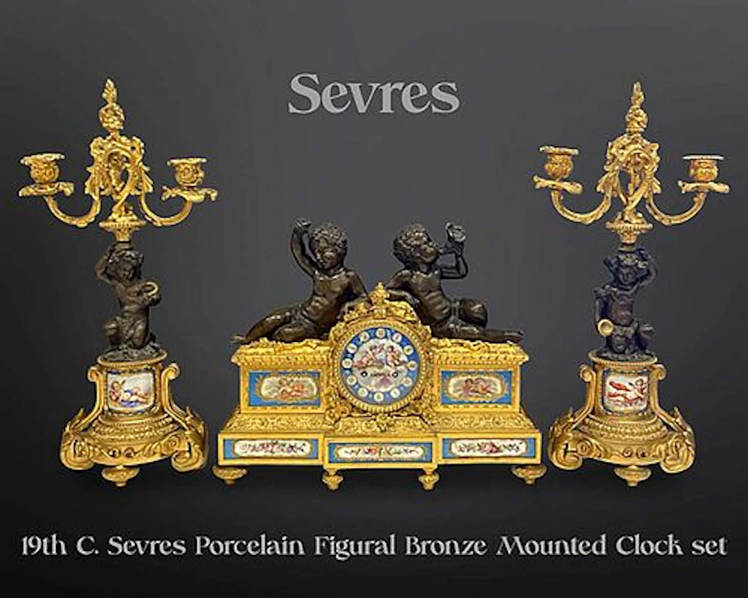 19th C. French Sevres Porcelain Figural Bronze Clock Set