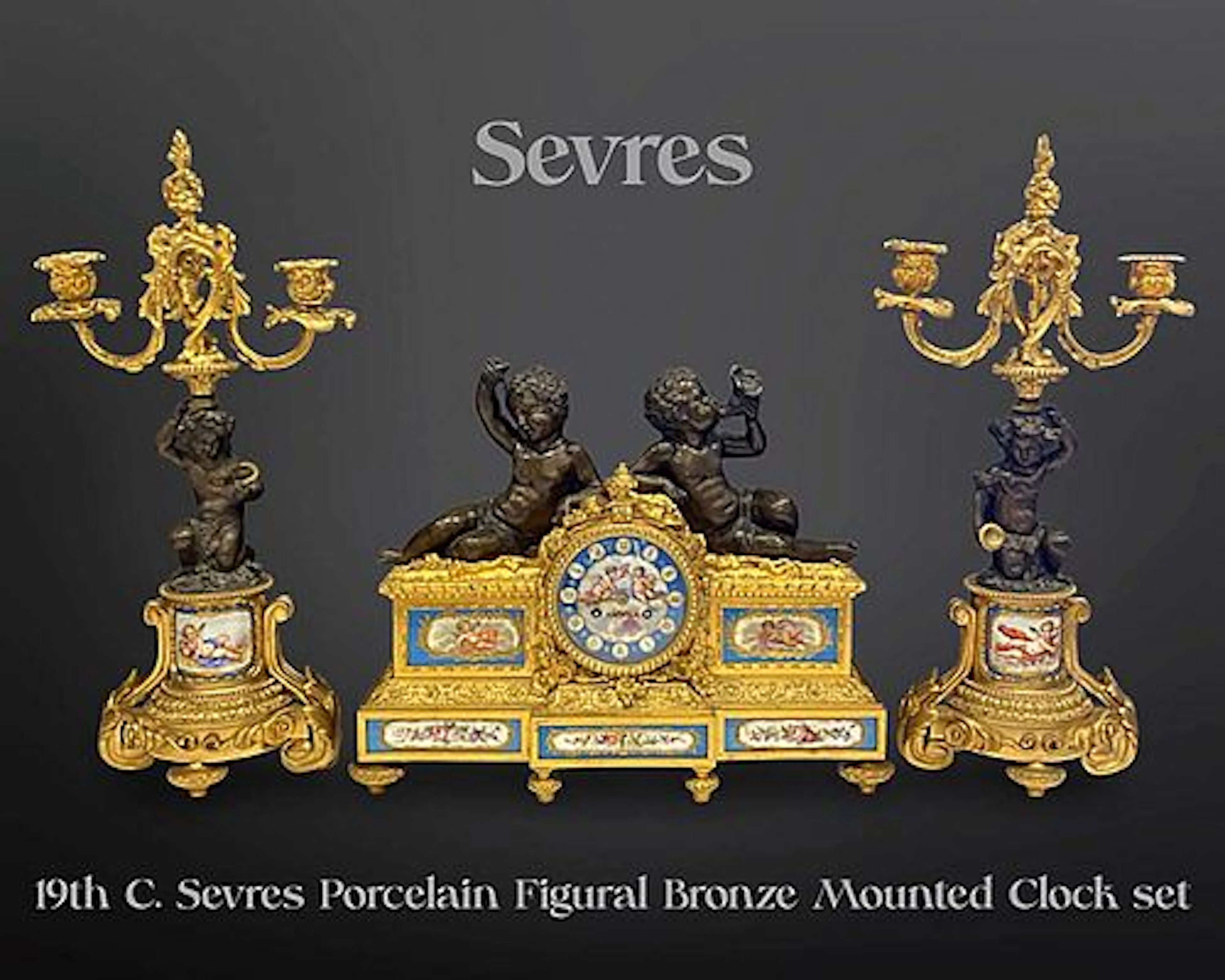 19th C. French Sevres Porcelain Figural Bronze Clock Set
