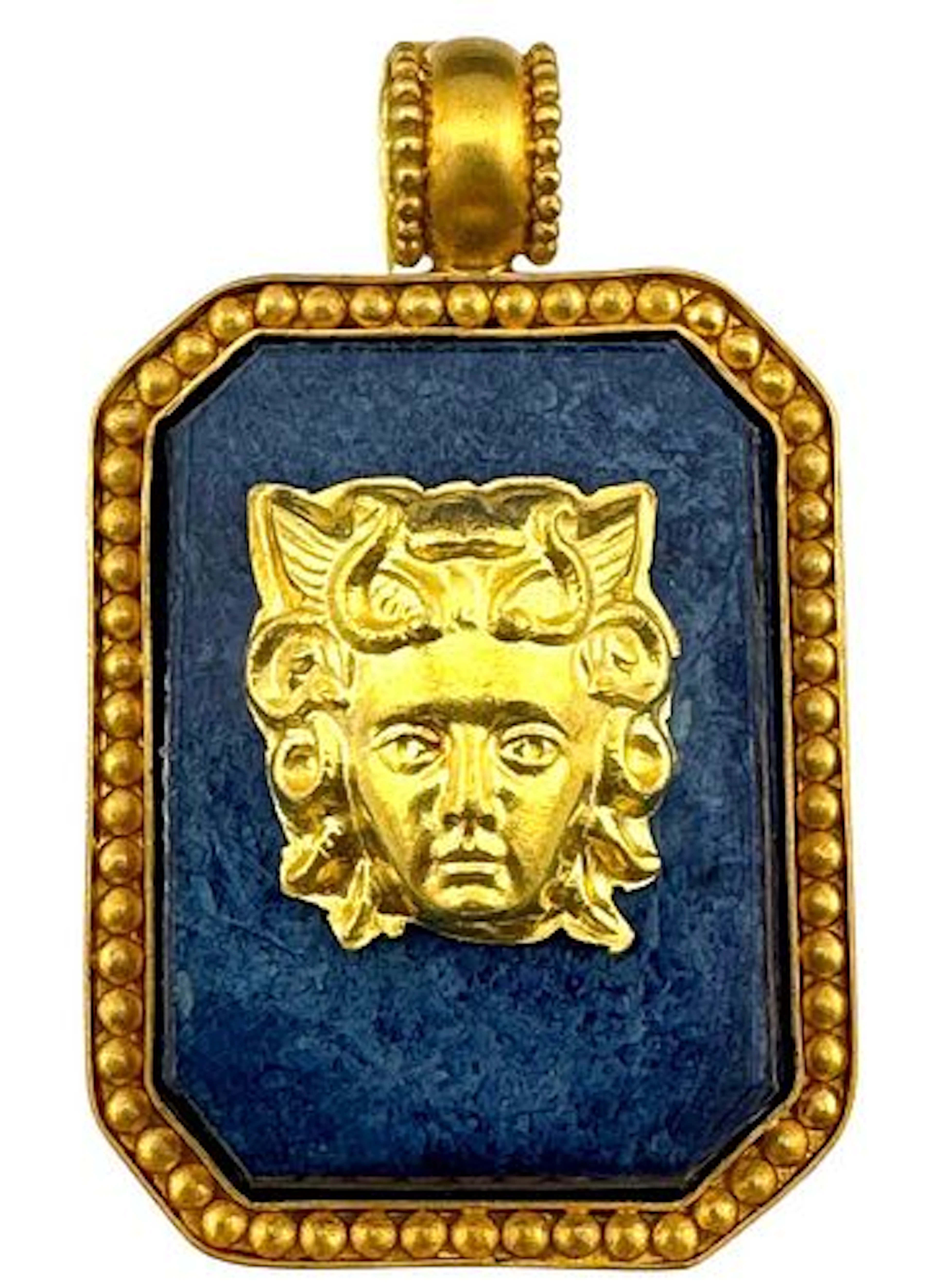 Medusa, Greek mythology Figural Engraved 22 K Gold & Lapis Pendant Plaque