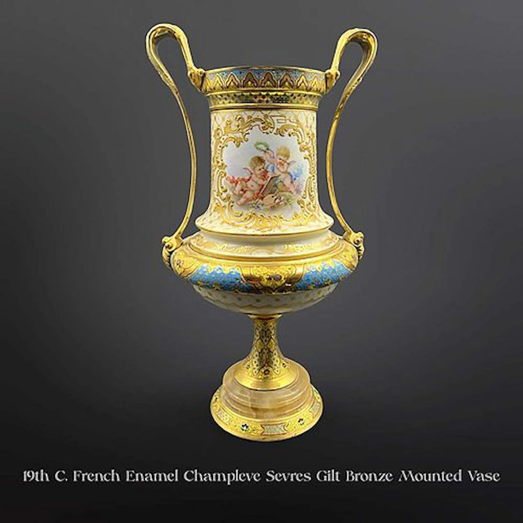 19th C. French Sevres Enamel Champleve Hand Painted Gilt Bronze Vase