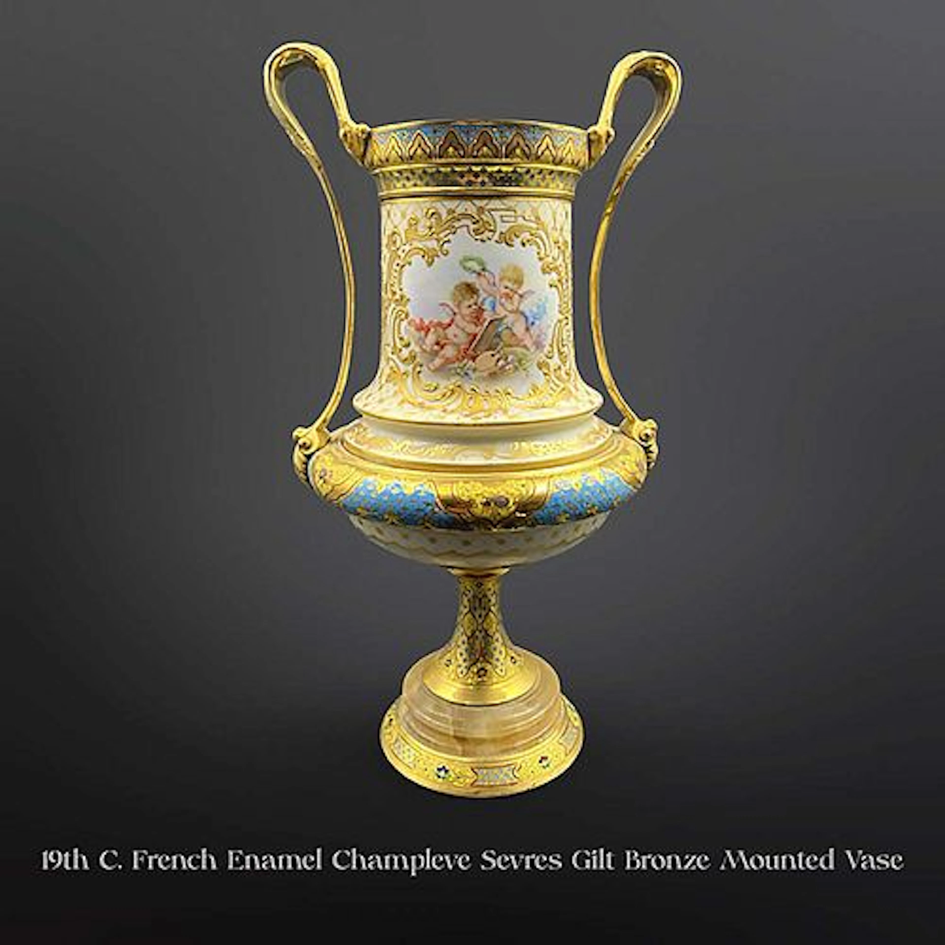 19th C. French Sevres Enamel Champleve Hand Painted Gilt Bronze Vase